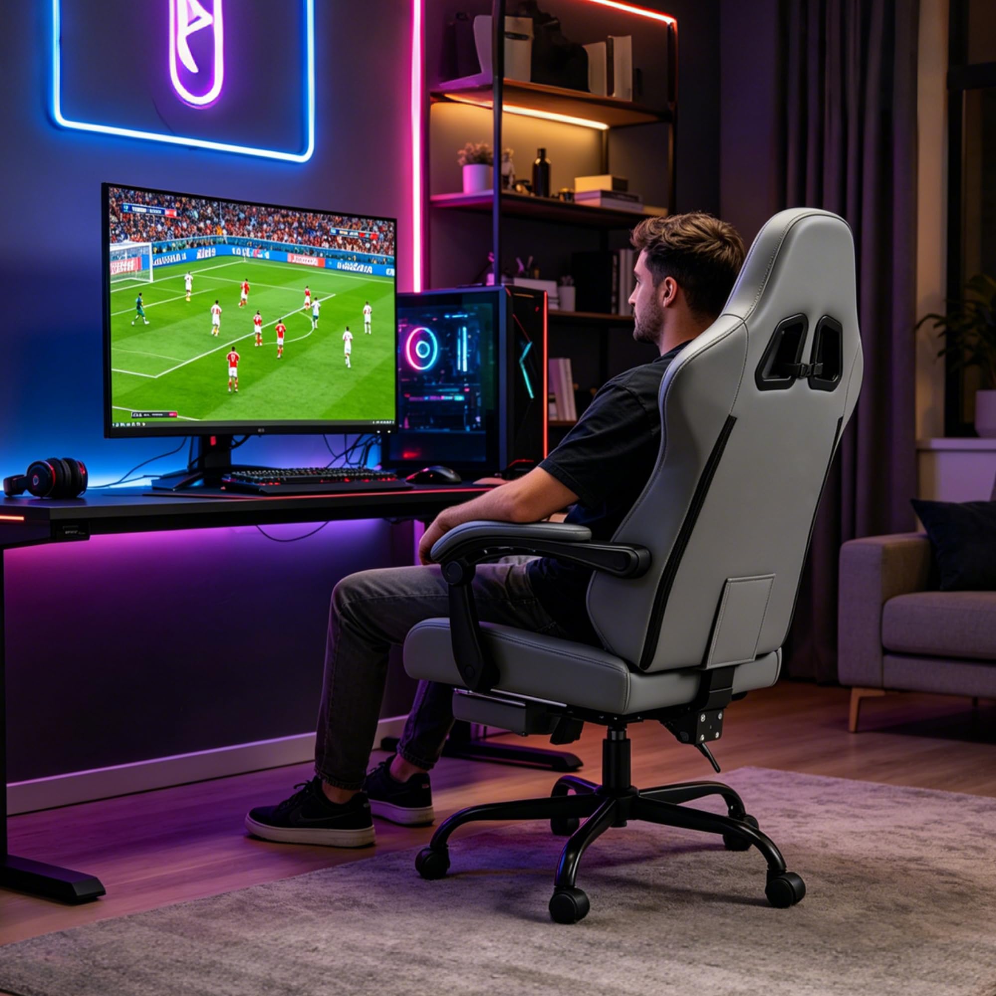 Symino Chaise de Gamer Ergonomique, Chaise Gaming avec Soutien Lombaire Repose-Pieds, Fauteuil de Bureau réglable et pivotant capacité de Charge 150 kg, Cuir PU Noir