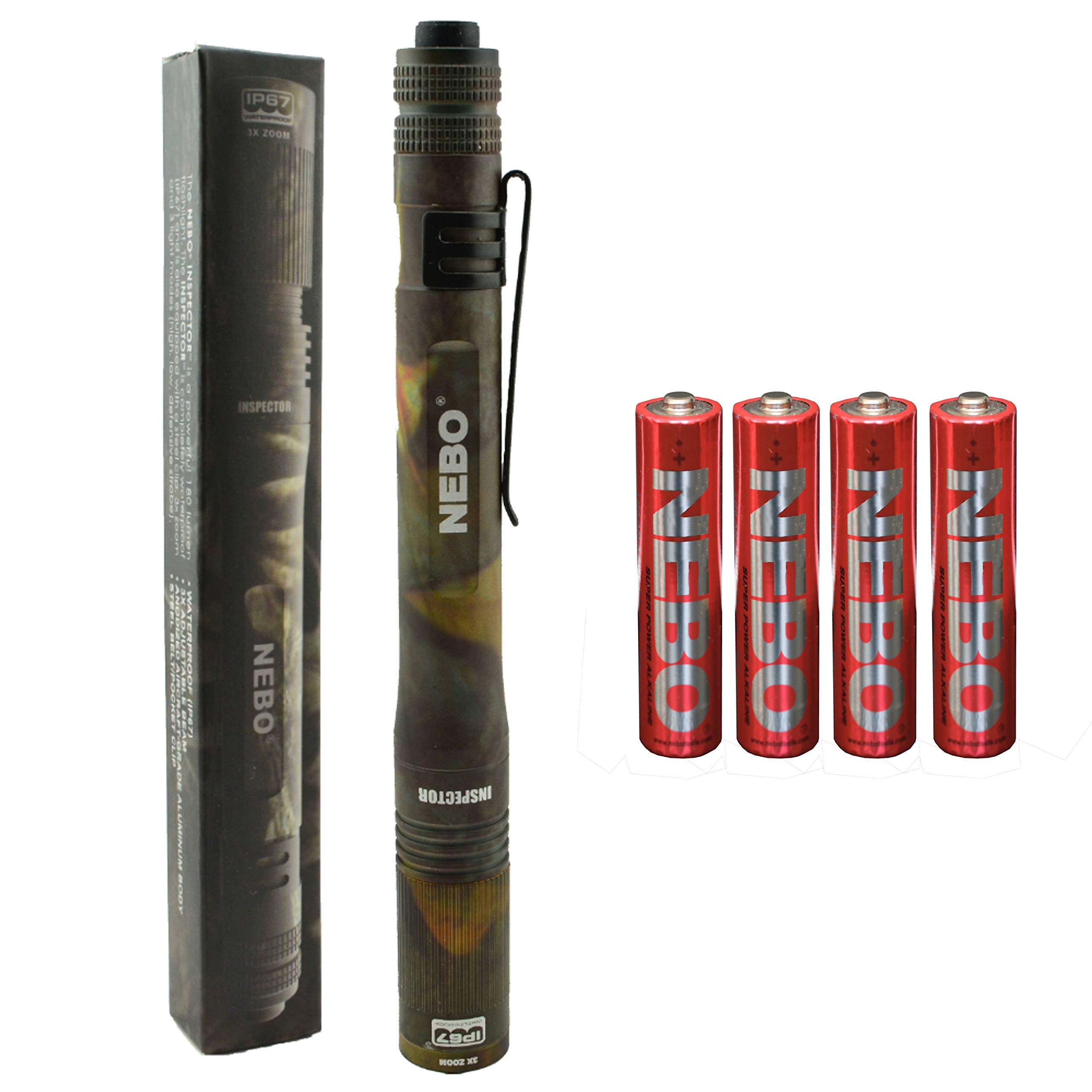 NEBO INSPECTOR Everyday Carry EDC Penlight Flashlight 180 Lumen (Camo) Bundle includes 4 Nebo AAA Batteries