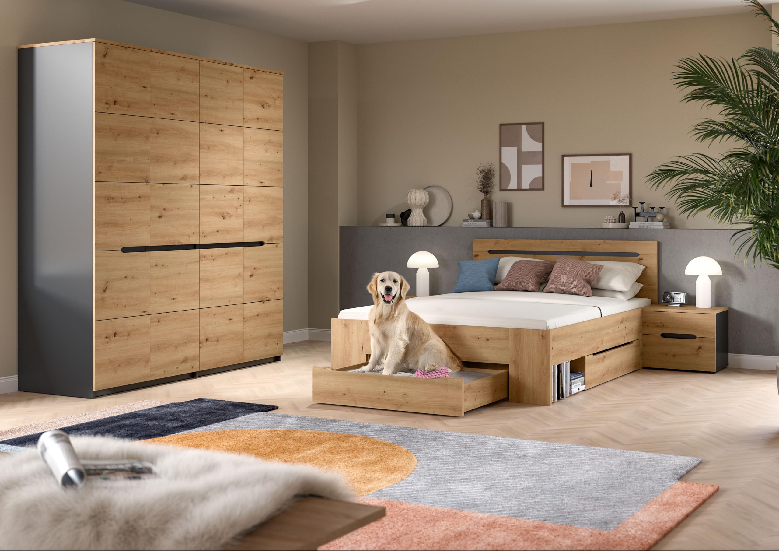 xonox.home – 4 TLG. Schlafzimmer-Set Canu in Artisan Eiche Nachbildung und Athrazit – Modernes Schlafzimmer mit viel Stauraum – stilvoll, langlebig & pflegeleicht