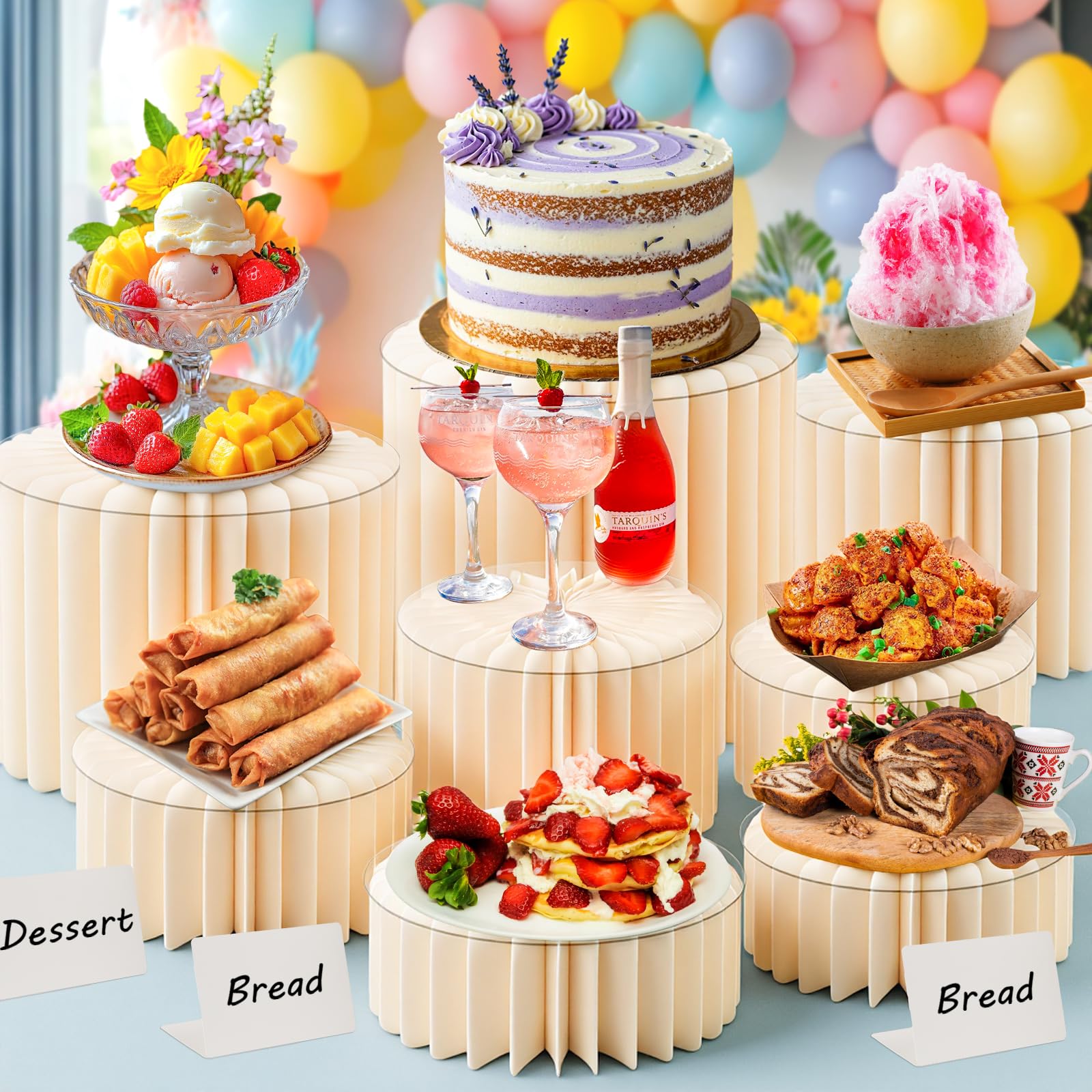 10 Stück faltbare Buffet-Erhöhungen, Lebensmittel-Erhöhungen, Präsentationsständer für Buffettisch, 5 Höhen, zylinderförmige Kuchenerhöhungen mit transparenter Acrylplatte, Desserttisch-Display-Set