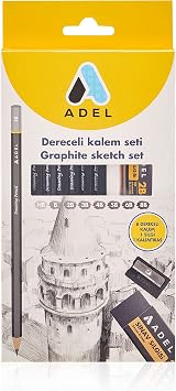 Adel Dereceli Kurşun Kalem Seti, 8’li, HB-8B, Sınav Silgisi ve Kalemtıraş Hediyeli, Teknik Çizim ve Eskiz İçin