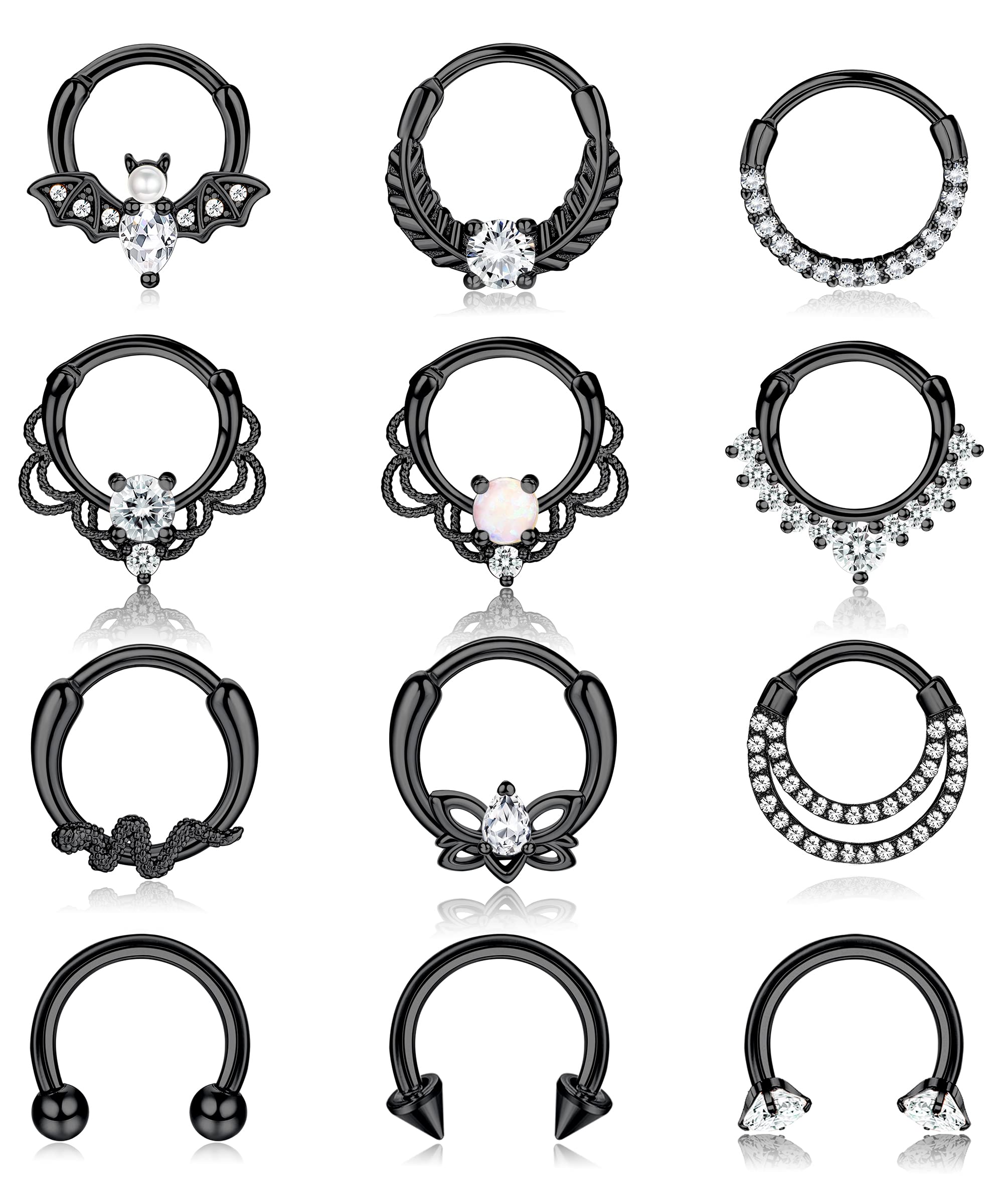 ADRAMATA12Pcs 16G Nose Ring Hoop Clicker Hinged Septum Rings Set Surgical Steel CZ Opal Cartilage Daith Hoop Earrings Helix Piercing Jewellery Nose Piercing Nose Rings Silver