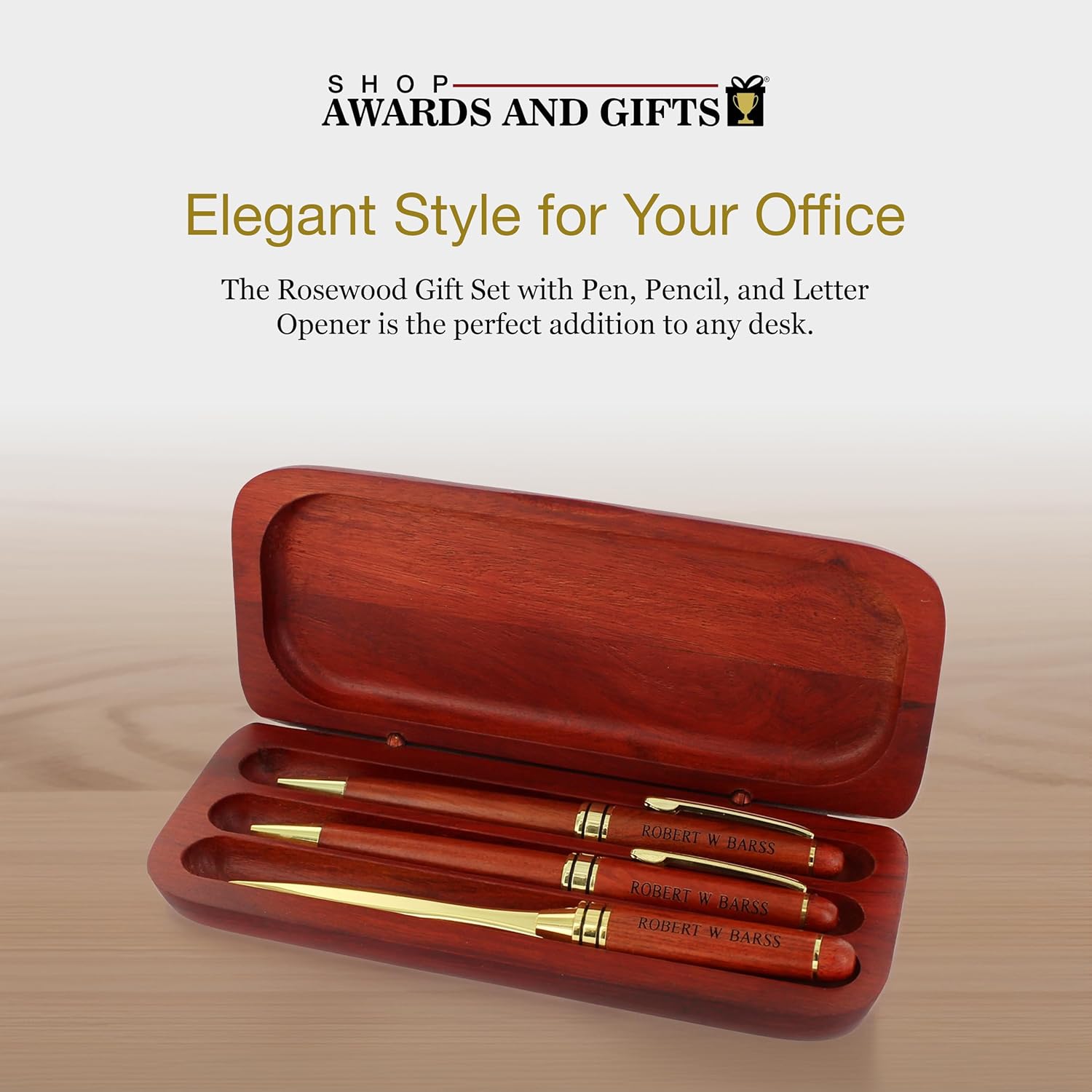 Pen, Pencil and Letter Opener Rosewood Finished Box Sets, includes Personalization