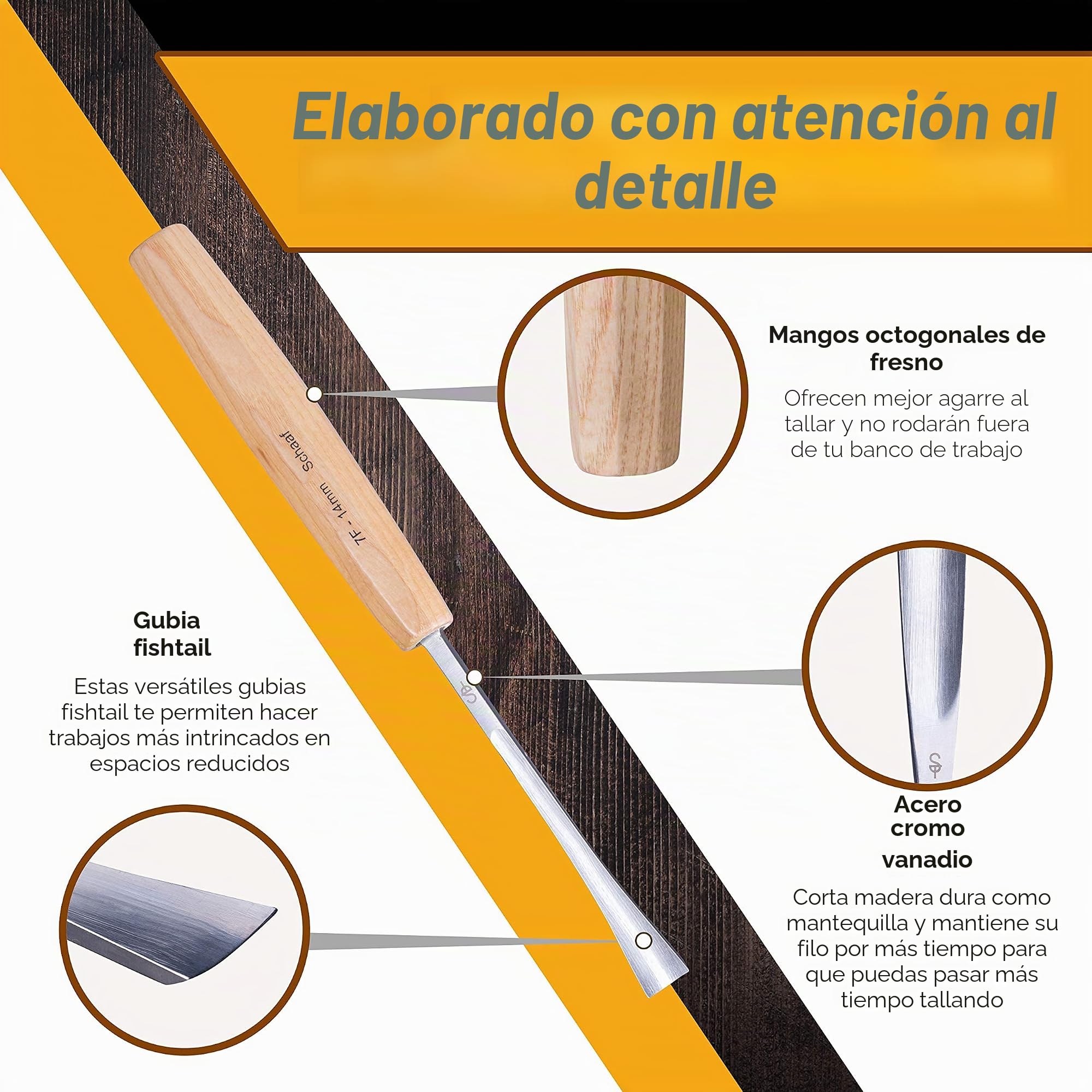 Schaaf Wood Carving Tools Juego de 4 cinceles con estuche de lona | Gubias de cola de pez para llegar a espacios que otros cinceles no pueden | Cuchillas de acero CR-V 60 afiladas | Kit de tallado de