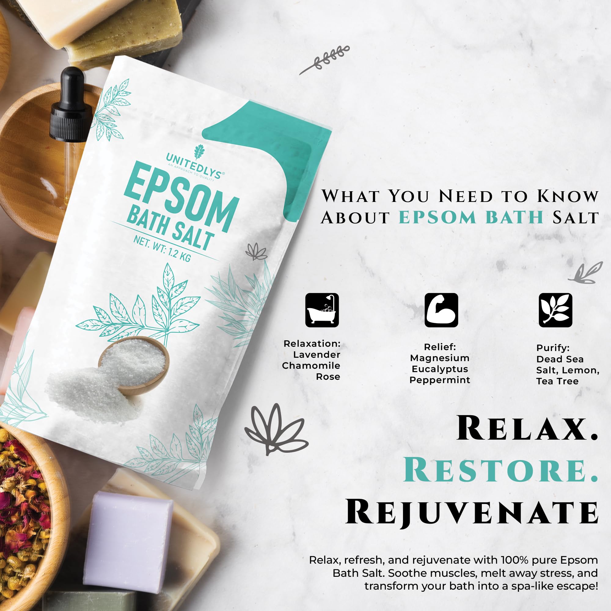 Unitedlys Epsom Bath Salt for Pain Relief Crystal 1.3Kg | 100% Pure Epsom Salt for Bath, Detox & Relaxation | Reduces Soreness Swelling & Stress | Epsom Salt for Foot Soaks & Full-Body Baths (1.3 KG) - Image 6 thumbnail