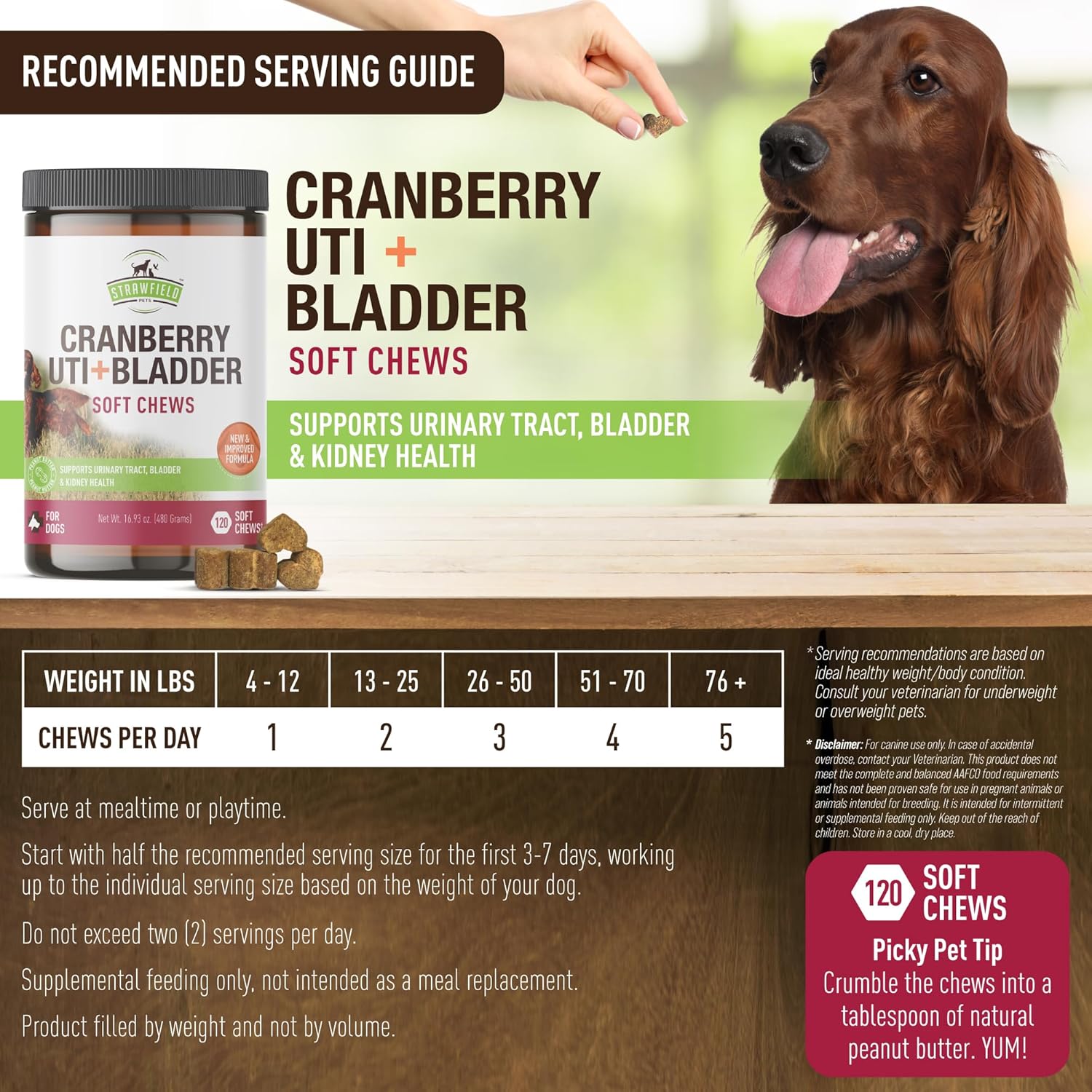 Strawfield Pets Cranberry Bladder & UTI Chews for Dogs D-Mannose + Vitamin C for Urinary Tract Support Peanut Butter Flavored Soft Chews 120 softchews