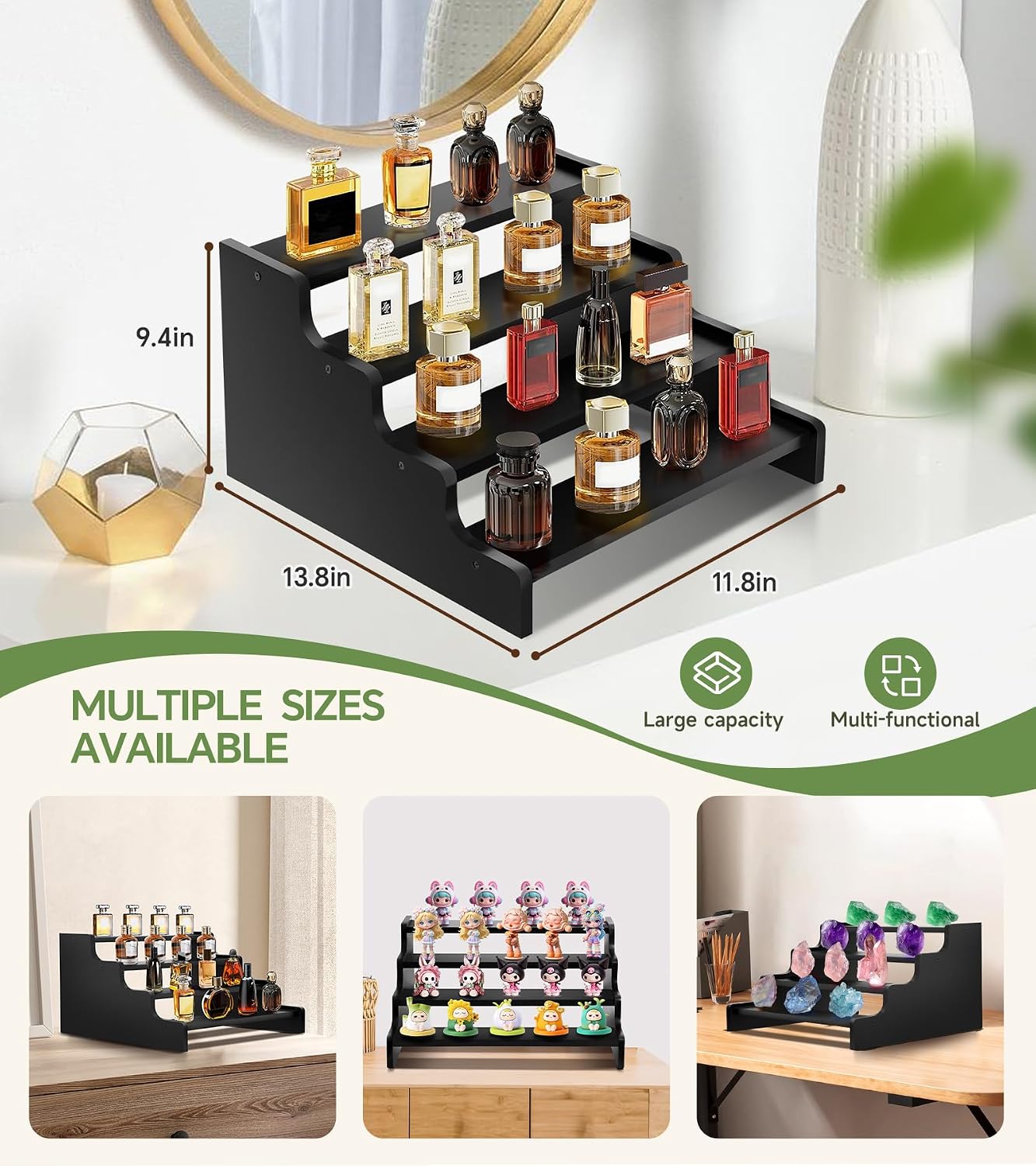 Wooden Cologne Organizer for Men, Perfume Organizer Stand, Cologne Stand with Anti-Slip Washers, Wooden Display Risers Stand for Dessert, Cupcake, Black, 4-tier-11.8in image 2