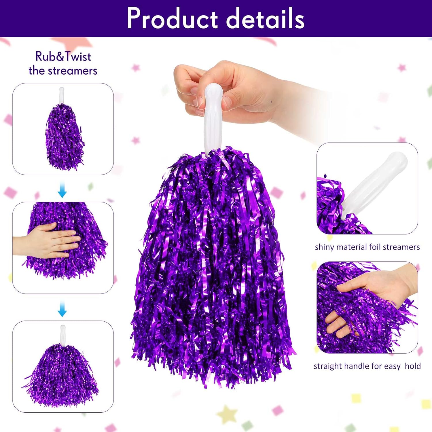 Jerify Cheerleading Pom Poms Bulk Metallic Foil Cheer Squad Spirited Pompoms with Baton Handle Plastic Cheering Pompom for Sports Football Basketball Cheering Team Spirit Dance Party