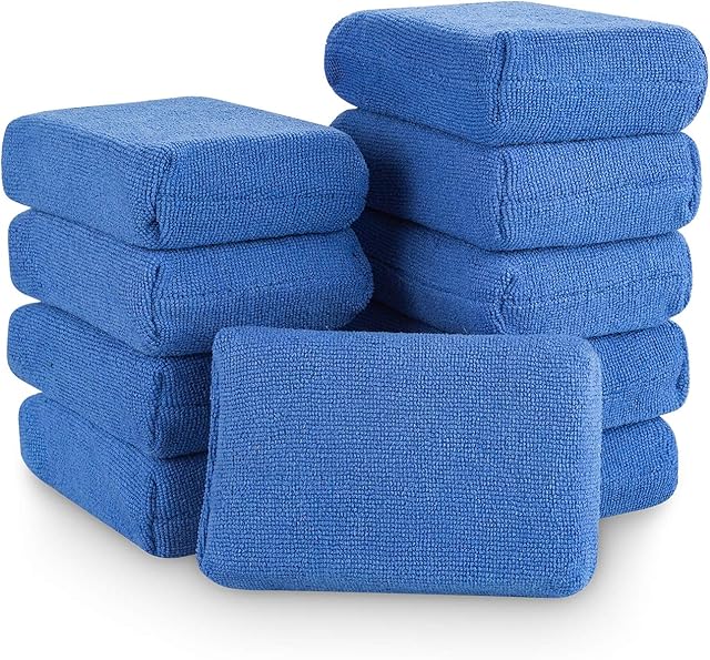 STARVAST Microfiber Sponge Applicators - Pack of 10 Sponges Wrapped in Microfiber Cloths. Strong Inside-Stitches, Great for Applying Wax, Sealants & Other, 12 x 8 x 4cm, Blue
