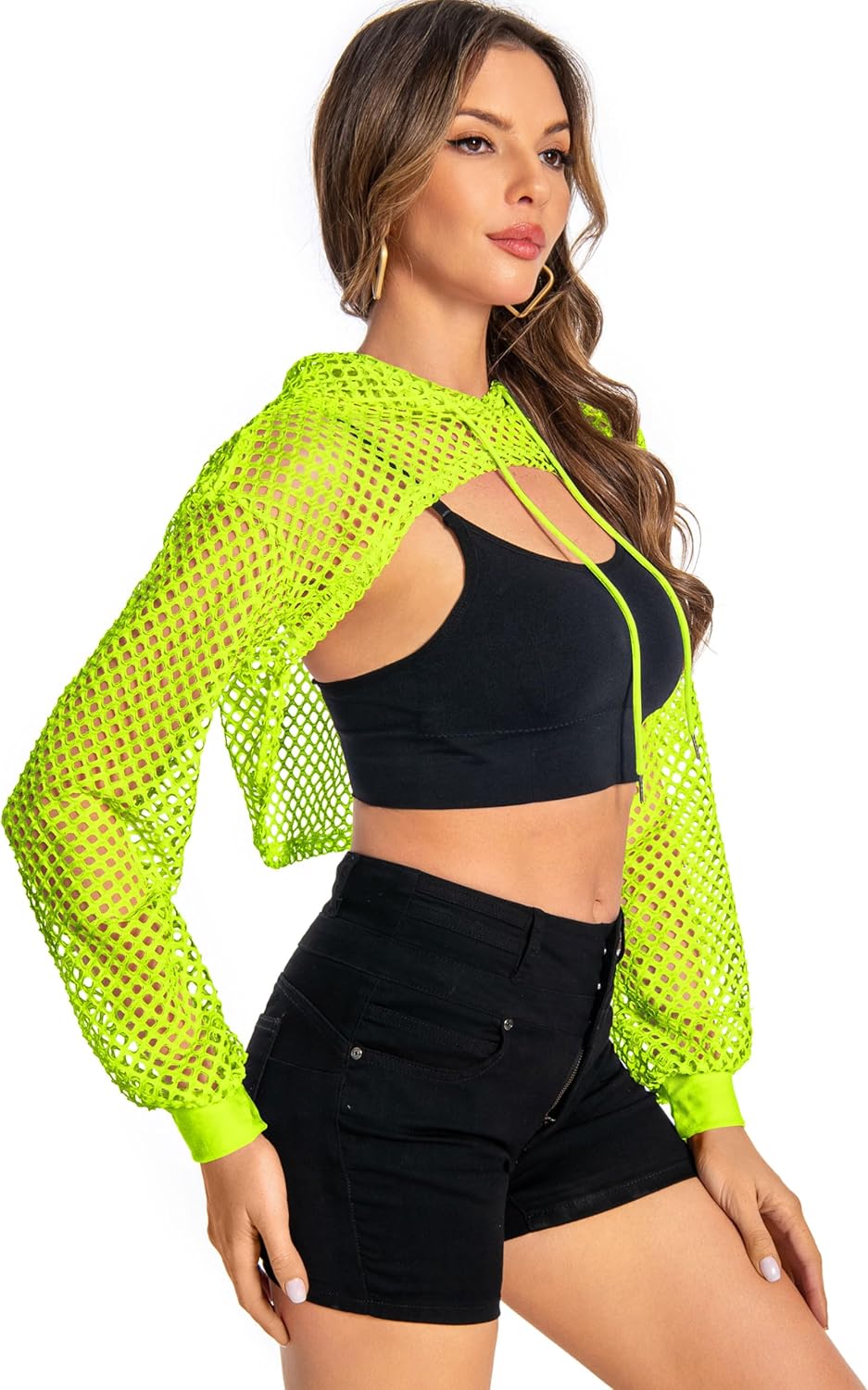 Women Mesh Crop Top Hoodie Fishnet See Through Long Sleeve Shirt Sheer Blouse for Club Party - Image 3