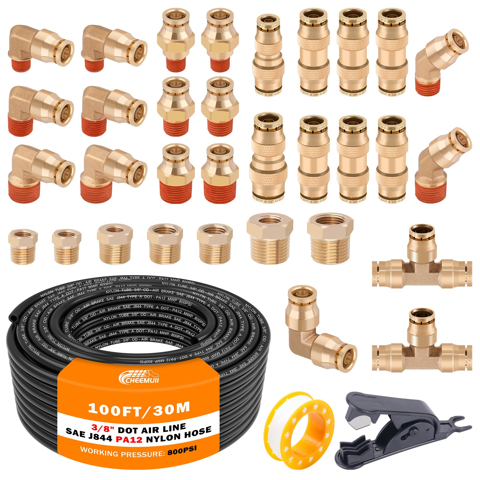 CheeMuii 3/8 Brass DOT Air Fittings With 100 FT 3/8" DOT Air Line Kit Quick Connect Air Line Fittings and Black Pneumatic Tubing for Semi Truck