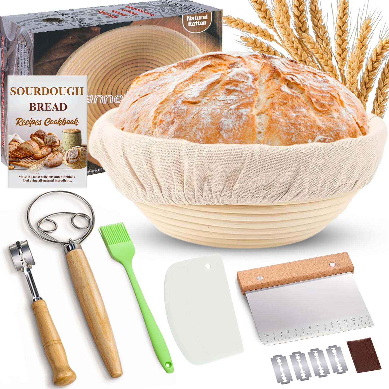Sourdough Starter Kit, Banneton Bread Proofing Basket Set, 9" Round Proving Basket, Complete Sourdough Bread Baking Supplies and Tools, Bread Making Kit - Gift for Bakers Men Women