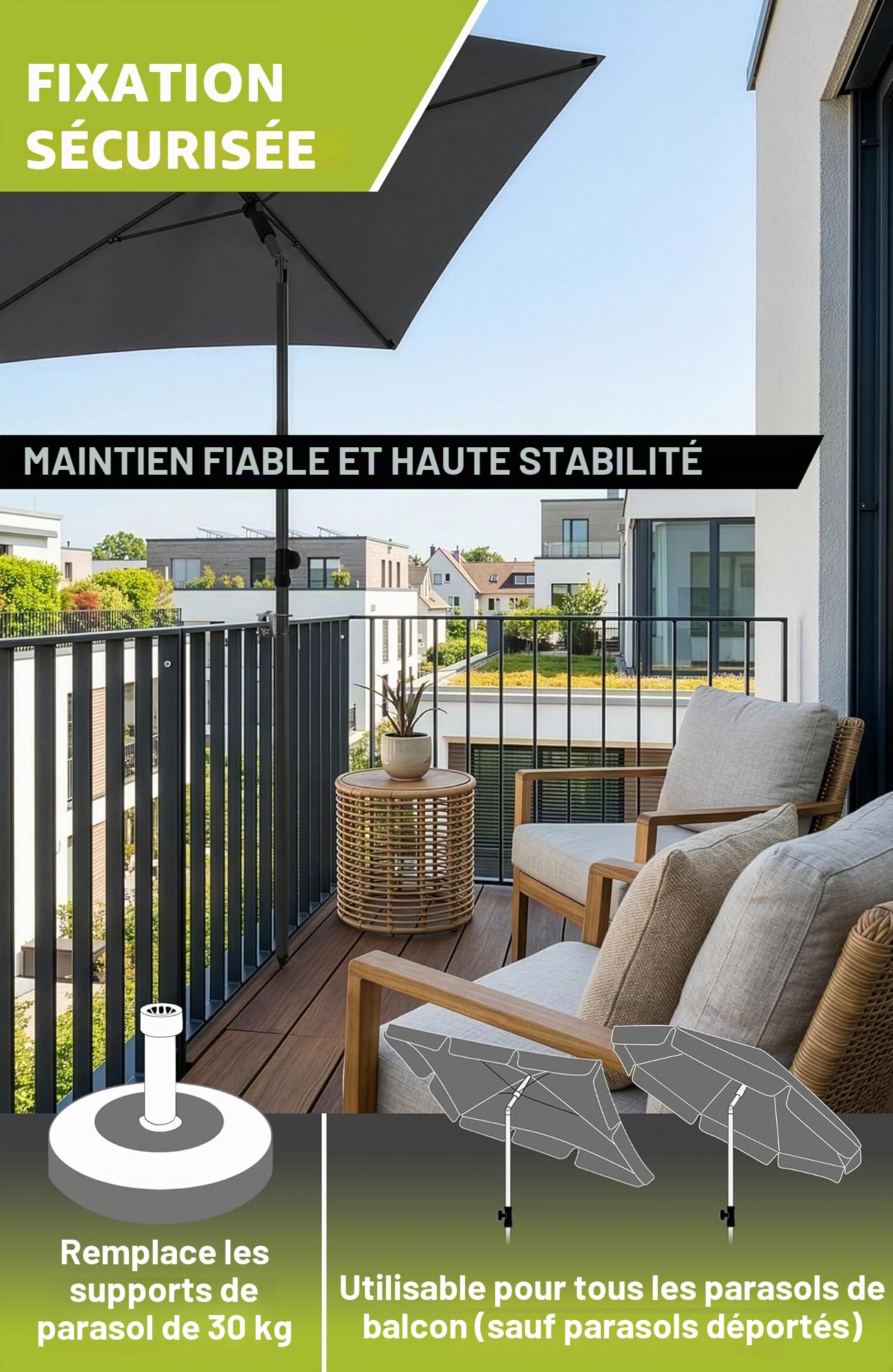 Menz Support de parasol pour balcon en gris - Support de parasol flexible pour balcon, Support de parasol solide et compact pour balcon