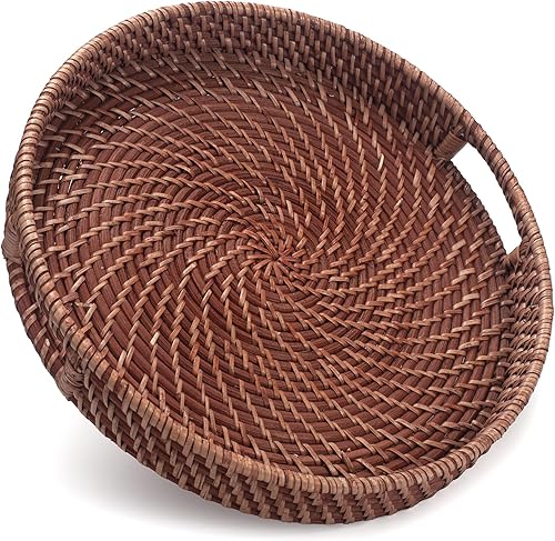 Bandeja de ratán de 13.8 pulgadas, bandeja redonda de mimbre con asas recortadas, bandeja de servir tejida para comedor  mesa de café