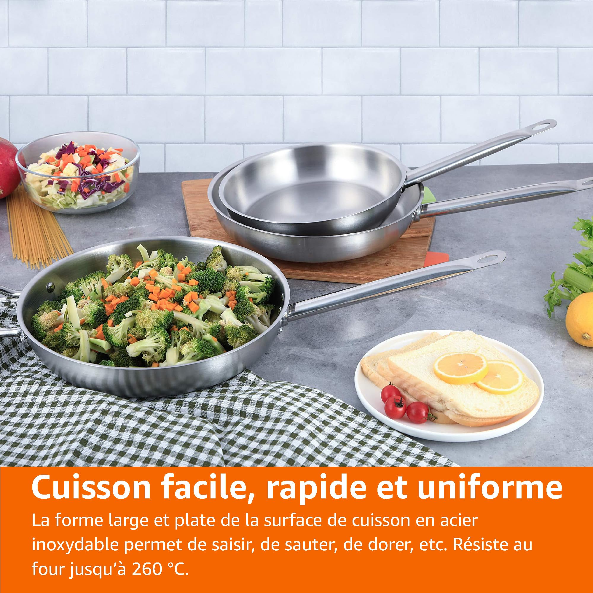 Amazon Basics Lot de 3 poêles à frire en acier inoxydable revêtues d'aluminium, passe au four et au lave-vaisselle, poêles de 20 cm, 24 cm et 30 cm, Argenté