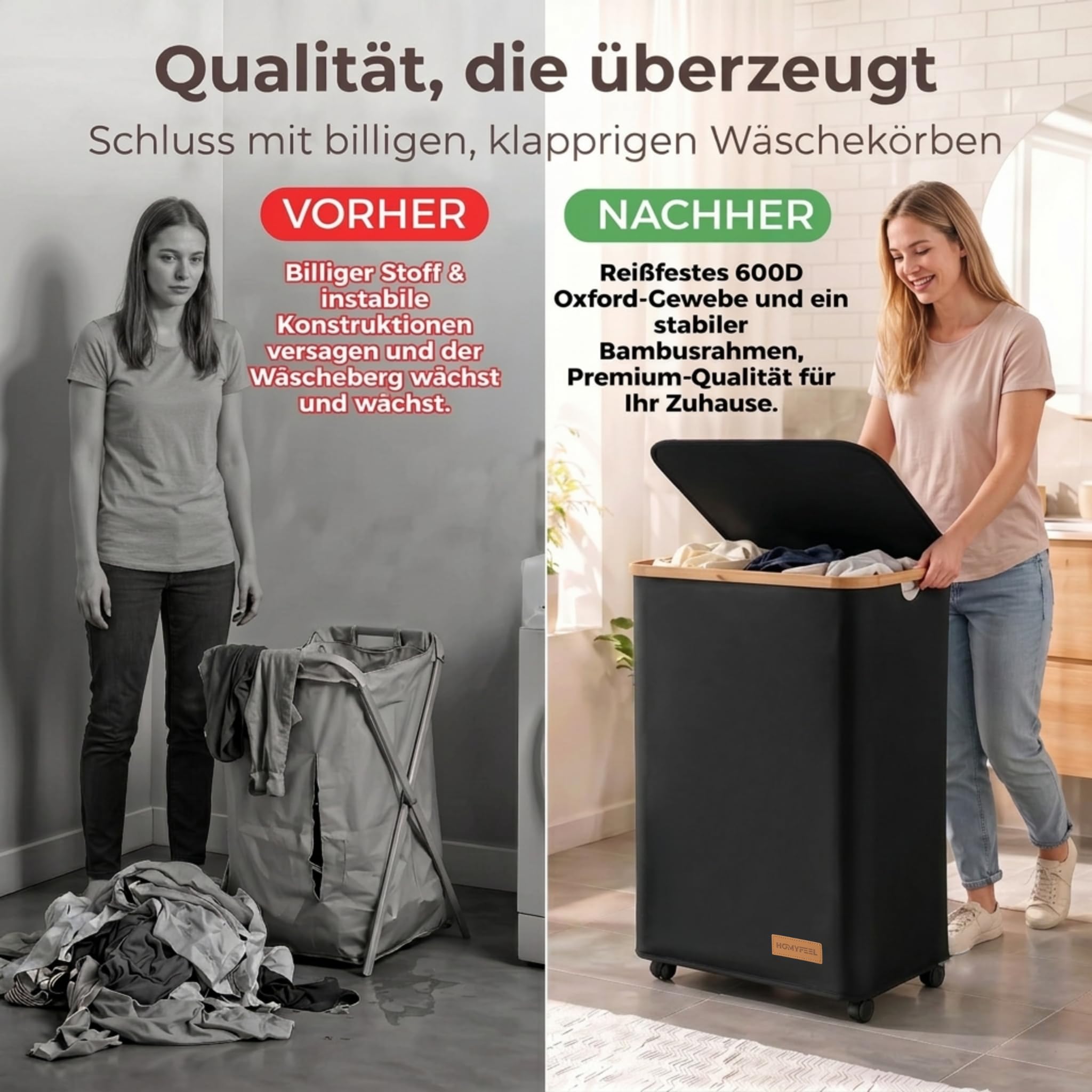 HomyFeel - Wäschekorb 3 Fächer rollbar, 160L Wäschesammler mit Deckel, Wäschesortierer groß, Oxford Gewebe, herausnehmbarer wäschesack, Wäschebox auf Rollen, Griffe aus Bambus, 57x37,5x79cm, Schwarz