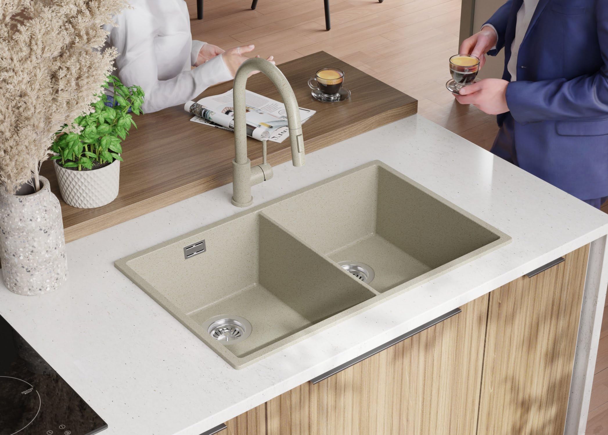 PRIMAGRAN Fregadero Cocina Todo Beige - London Twin Slim, 76x47cm | Granito 2 Senos + Sifón, sobre Encimera al Mueble 80cm (S010)