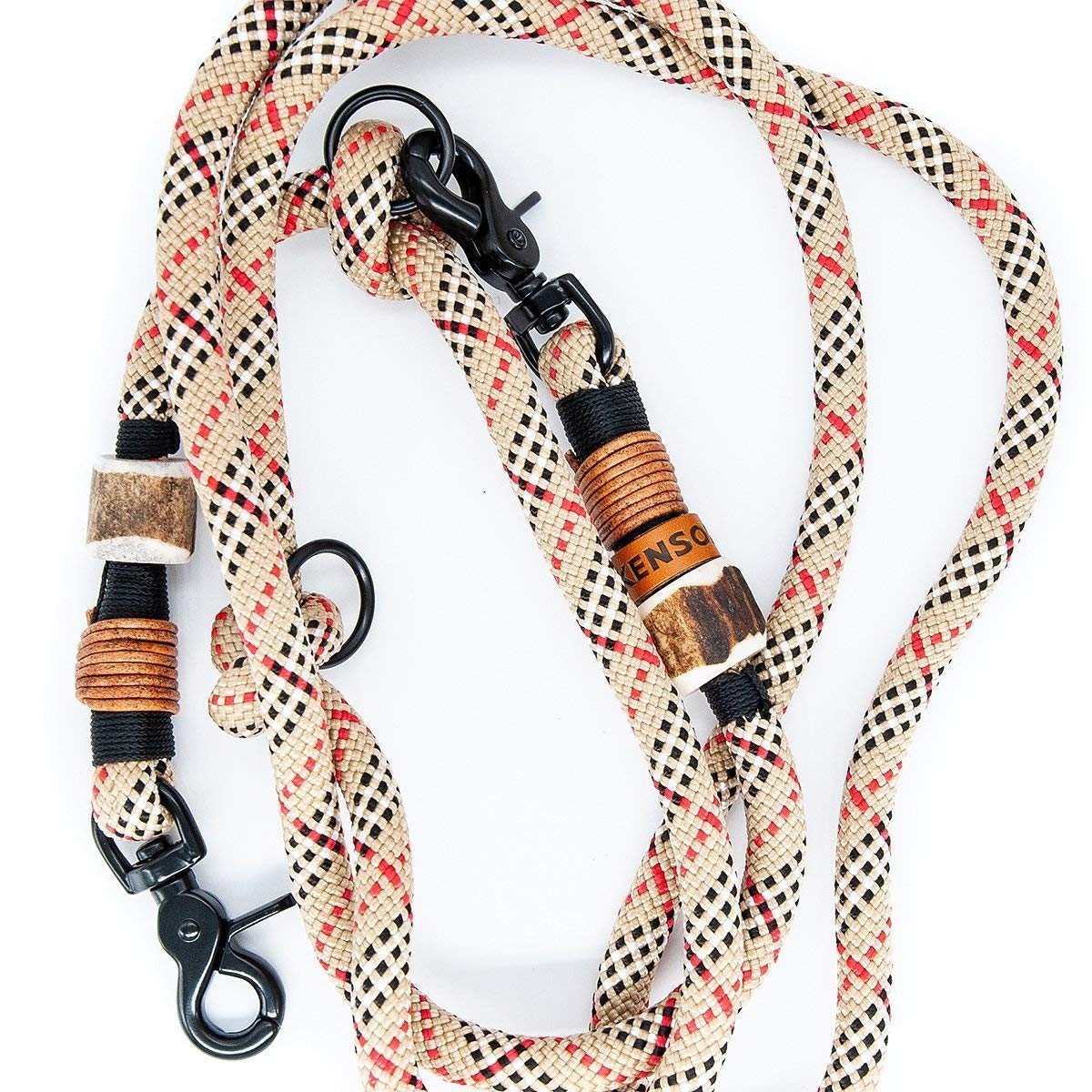 Hundeleine/Führleine aus Tau mit Karabiner & echtem Hirschhorn Ø10mm | 3fach verstellbar | Doppel-Leine | Umhängeleine | robust & wetterfest | Top Handmade-Quality