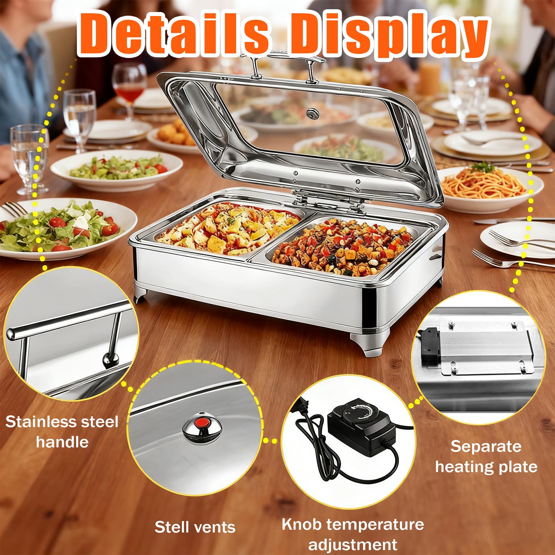 Chafing Dish Elettrico, 9L Scaldavivande Buffet Professionale Elettrico | Commerciale Contenitore Scalda Cibo con Copertura in Vetro per Buffet e Festa, Temperatura Regolabile 0-85℃
