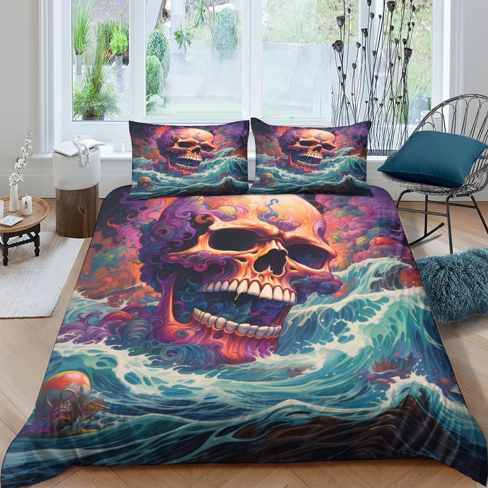 Ctjqhvkz Style-4 3D Printed Skull Ocean Fitted Sheet Microfiber Dark Art Mattress Cover For Bedroom Guest Room Decor Single（135X200cm）