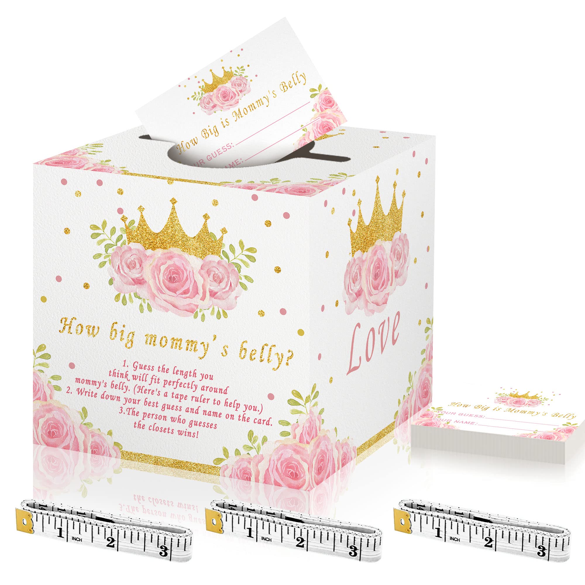 Azbuk Guess How Big Is Mommy's Belly Game, 50 Floral Crown Theme Measure Mommy's Belly Guessing Cards with 3 Measuring Tape and 1 Collection Box, Baby
