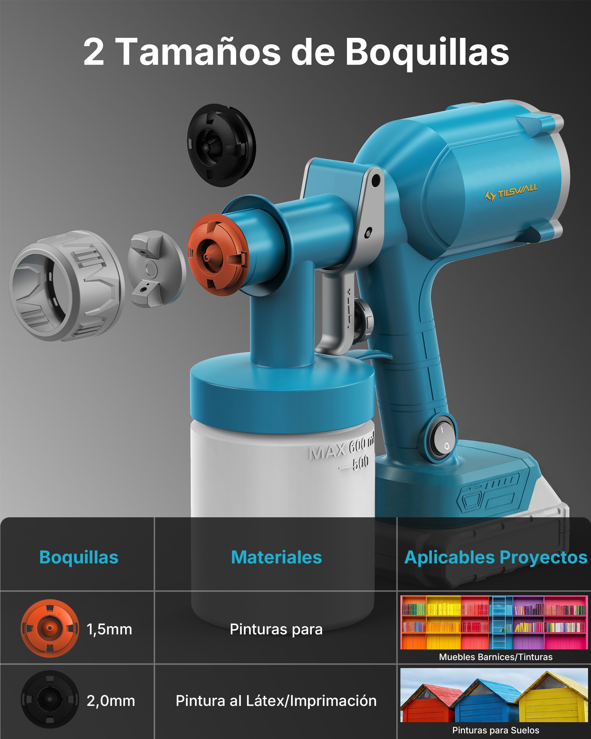 Tilswall Pistola de Pintura Eléctrica - Pistola Pulverizadora Eléctrica Inalámbrica y Ultraligera - Compatible Batería Makita 18V (No Incl.) 600ml, 2 Boquillas & 3 Modos, Para Pintar Paredes y Muebles
