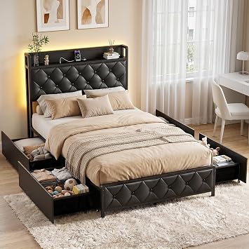 Twin Bed Frame with Button Headboard, PU Leather, All-Metal Support Platform LED Light Strip Twin Bed with Storage and Charge Station, Easy to Install, Stable, Noise-Free Black
