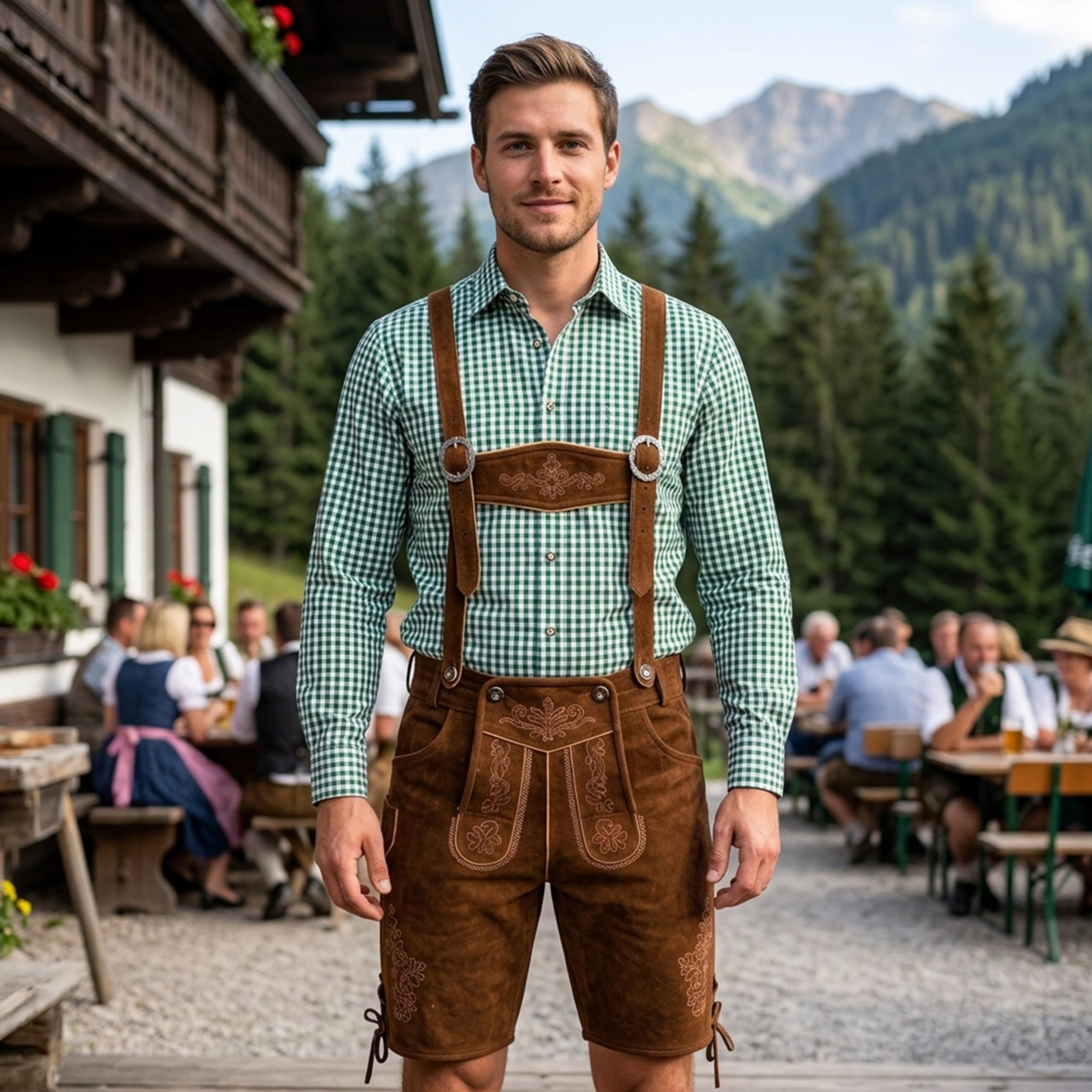 German Wear Trachtenlederhose Herren Premium Nappaleder Echtleder – Verbesserte Lederhose mit Hosenträgern, Traditionell Bayerische Lederhose für Volksfest, Trachtenfest & Freizeit