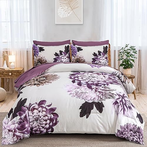 DJY Juego de edredón morado tamaño King, juego de edredón floral de 7 piezas con sábanas, elegante estampado de flores, cama en una bolsa, juego DJY Juego de edredón morado tamaño King, juego de edredón floral de 7 piezas con sábanas, elegante estampado de flores, cama en una bolsa, juego