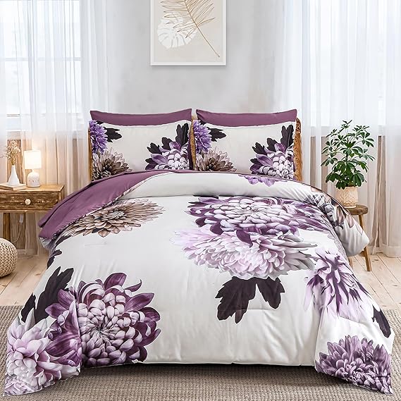 DJY Purple Comforter Set Queen, 7 Piece Floral Comforter Set with