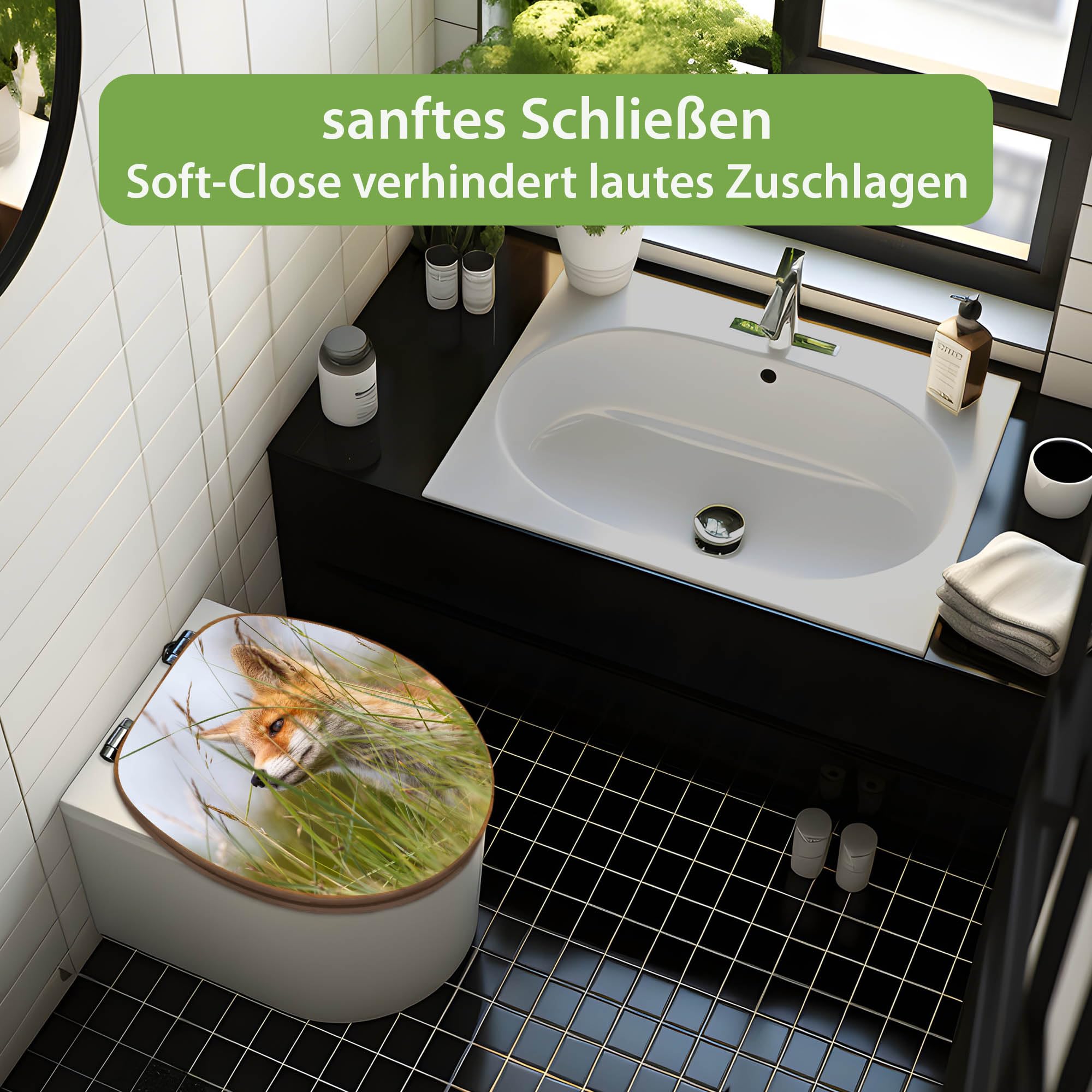 banjado Design WC Sitz Bambus Absenkautomatik 45,8x37,5cm - Toilettendeckel mit Absenkautomatik Holz - hochwertiger Bambus Klodeckel - WC-Sitz für gängigen Toiletten - Motiv Fuchs