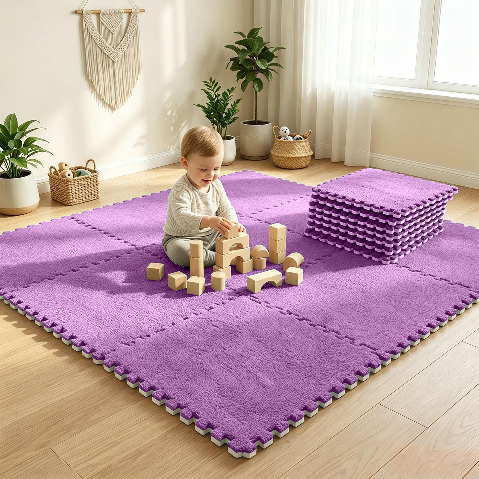 12 interlocking puzzle mats, foam, 30 x 30 cm, for children, for living room, bedroom, dark purple color