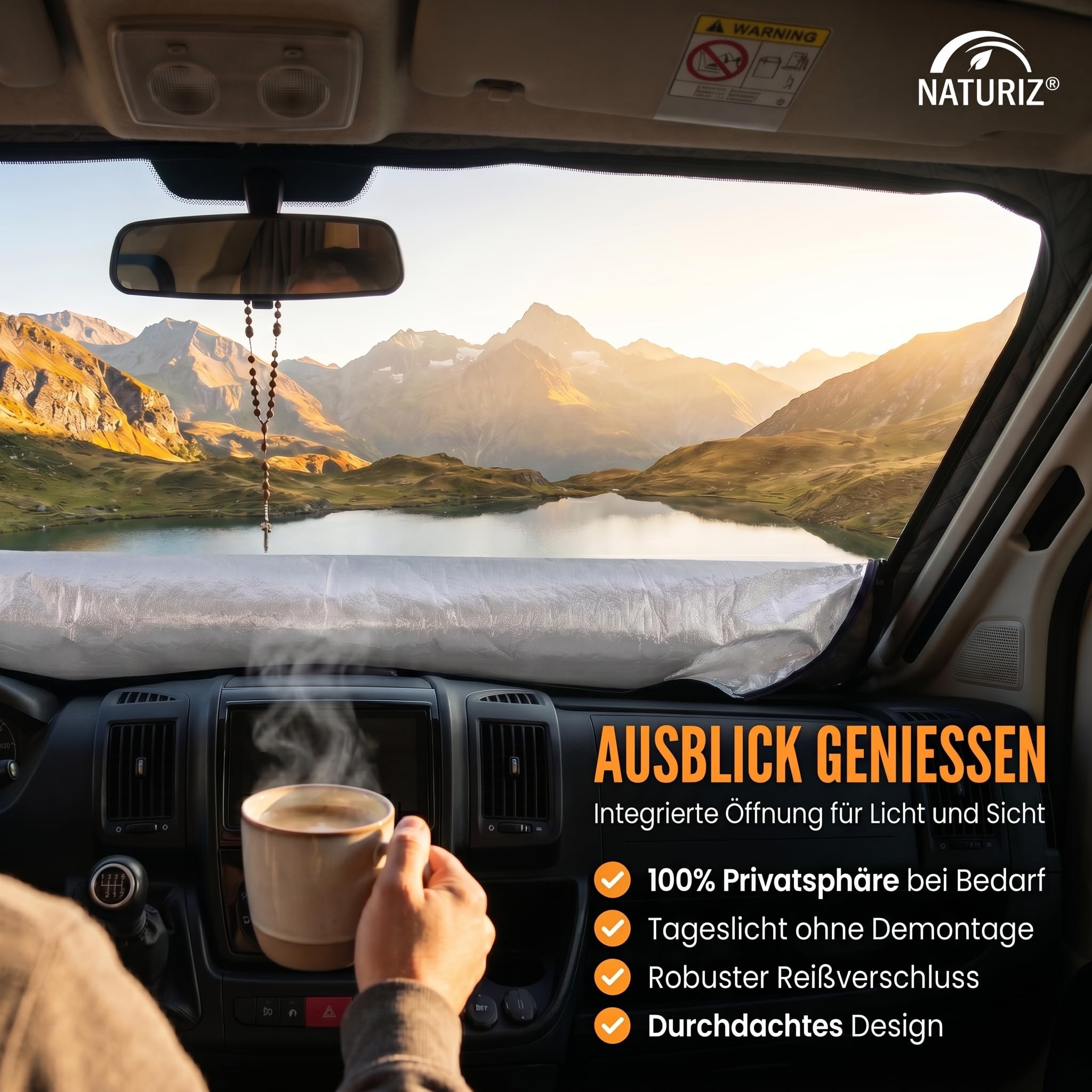 NATURIZ® Frontscheibenabdeckung Ford Transit – Premium Scheibenabdeckung - Thermomatte außen +Sonnenschutz für Wohnmobile – Winterabdeckung Wohnmobil und Kastenwagen, 2015-2026, MK8 & MK9