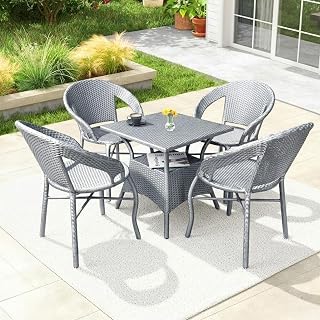 DEVOKO Outdoor Wicker 5-Piece Patio Furniture Set with 4 Armchairs & Center Table – All-Weather Rattan Conversation Set for Garden, Balcony & Backyard (Silver Grey)