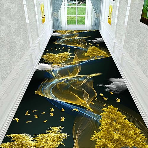 Alfombra de ilusión óptica 3D, de 1.3 x 7 pies, alfombra de pasillo con estampado de árboles dorados de lujo, diseño de ciervos y pájaros, suave,