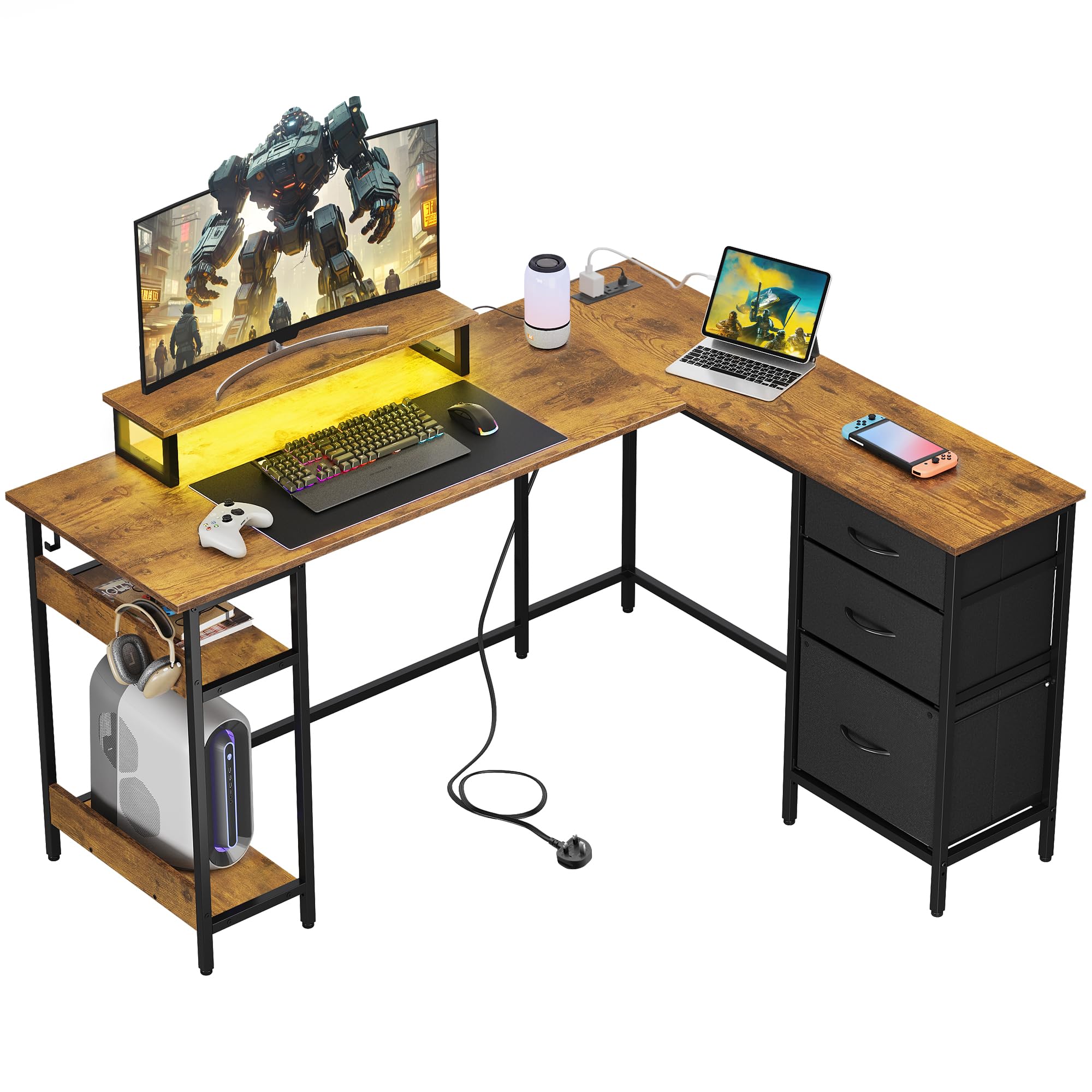 DEVAISE 140×118cm Gaming Desk, Corner Desk with Shelf, for Home Office, Rustic Brown
