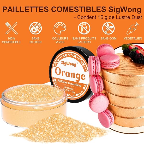 Paillettes Comestibles, 15g Colorant Alimentaire Poudre Alimentaires pour Un Cocktail, Paillettes À Boire pour Liqueur, Vin, Champagne D'halloween-Orange - 2