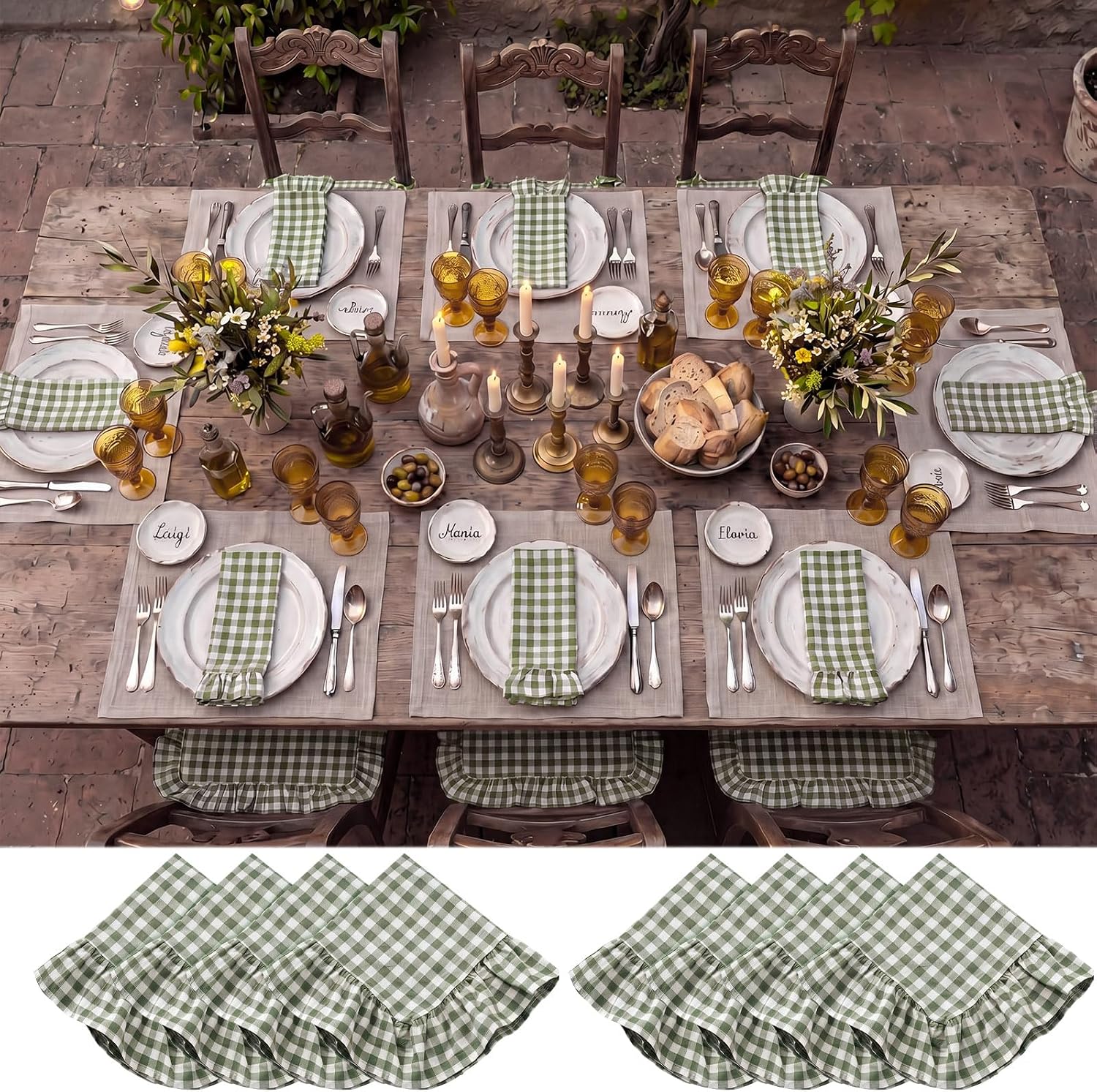 8 Pcs Sage Green Gingham Napkins Cotton Ruffle Checkered Napkin