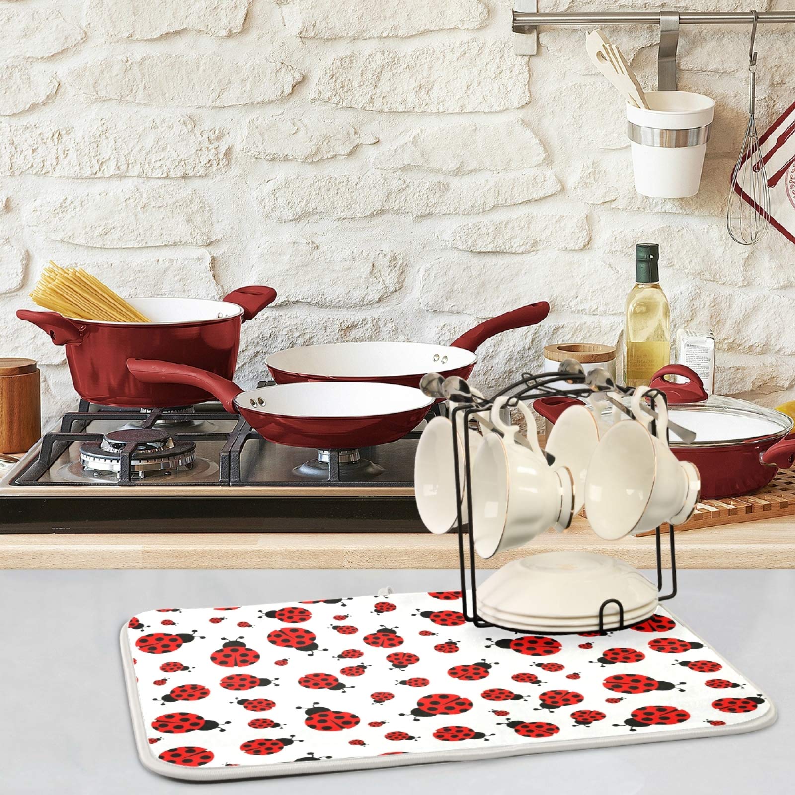 ZzWwR Ladybug Absorbent Dish Drying Mat Microfiber Kitchen Decor Countertop Table Protector Multi-Purpose Counter Rack Sink Drainer Pad?16 x 18 Inches)