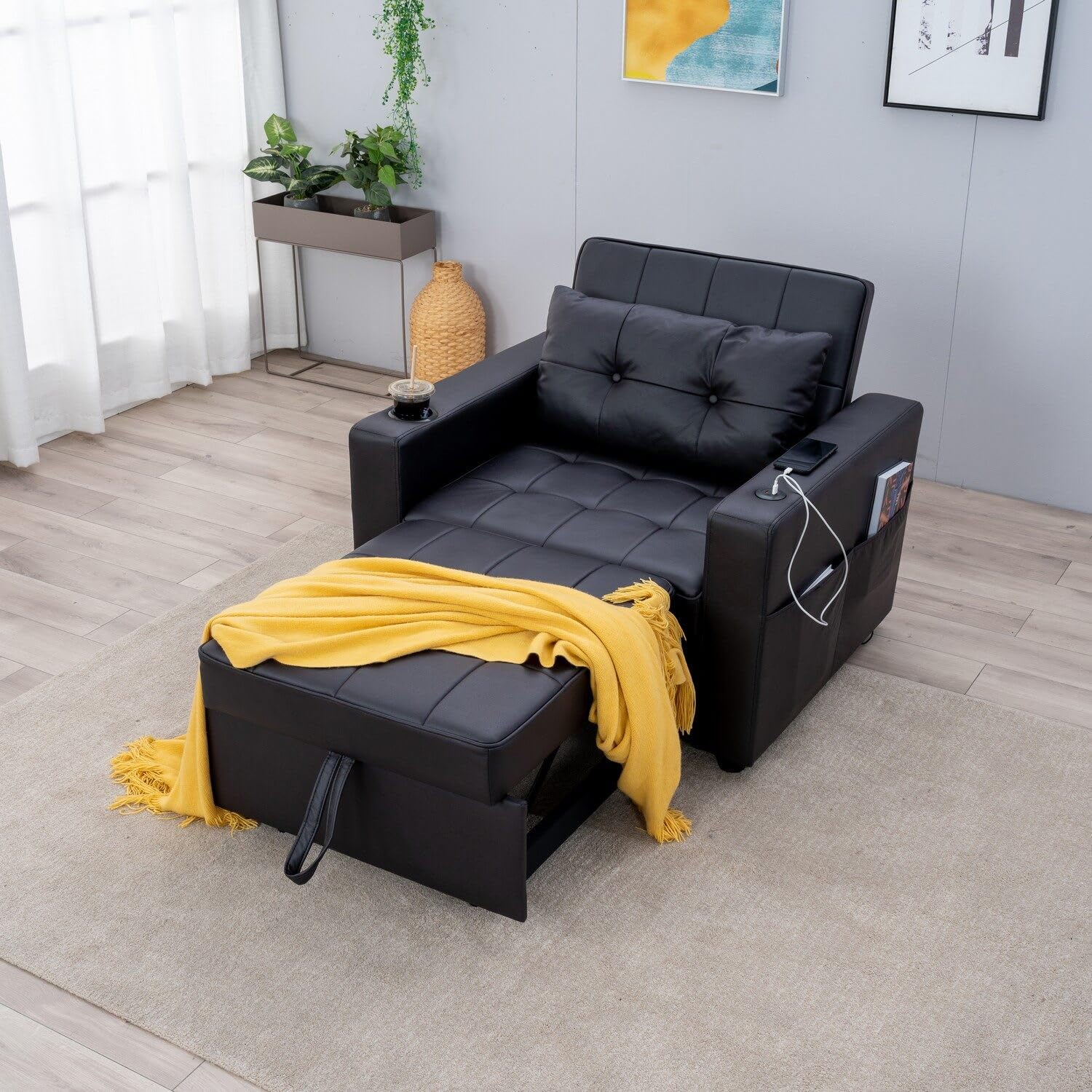 Panana Pull Out Sofa Bed, Single Sofa Armchair, Convertible Chair 3 in 1 Multi-Function Folding 3 Position Sleeper Chair Beds with Dranks Cup Holder and Dual Biult-in USB Ports, Black Faux Leather