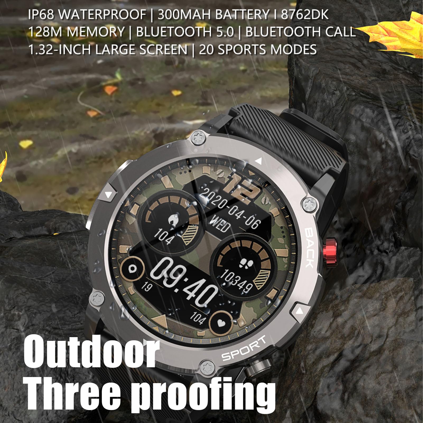 Findtime - Reloj inteligente para hombre, mujer, 1,32 pulgadas, smartwatch deportivo, monitor de sueño, reloj inteligente, podómetro, calorías, impermeable IP68, cronómetro GPS compartido, 20 modos