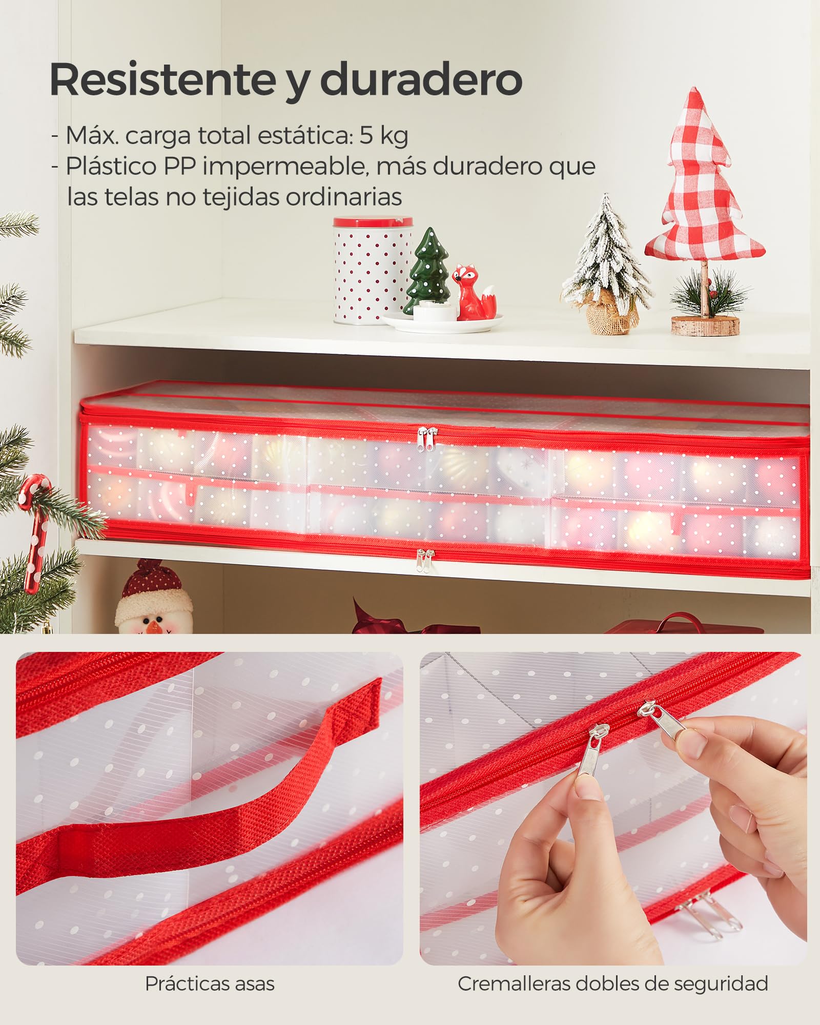 SONGMICS Caja Almacenaje para Bolas de Navidad, 96 Ranuras de 7,6 cm, 96,5 x 33,5 x 17,5 cm, Caja Almacenaje con Separadores, Cremalleras, Asas Laterales, Debajo de Cama, Rojo Cereza RFB031T02