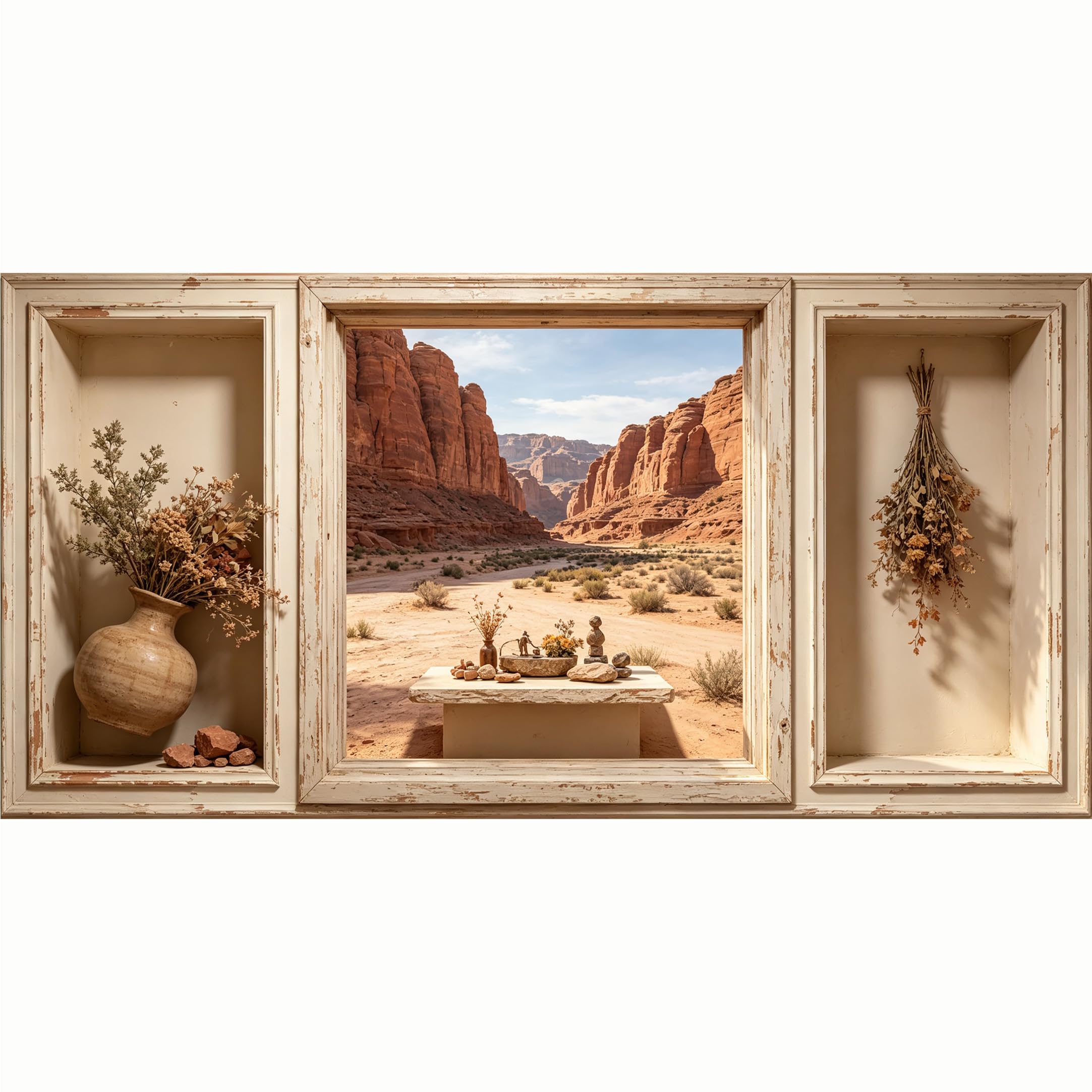 QZLITHOTIC 50x100cm 3D Framed Wall Art， Canyon Landscape Window View Farmhouse Dried Flower Vase Self‑Adhesive Mural， Water‑Activated Peel & Stick Fabric Decor Wall Decal for Bedroom Living Room
