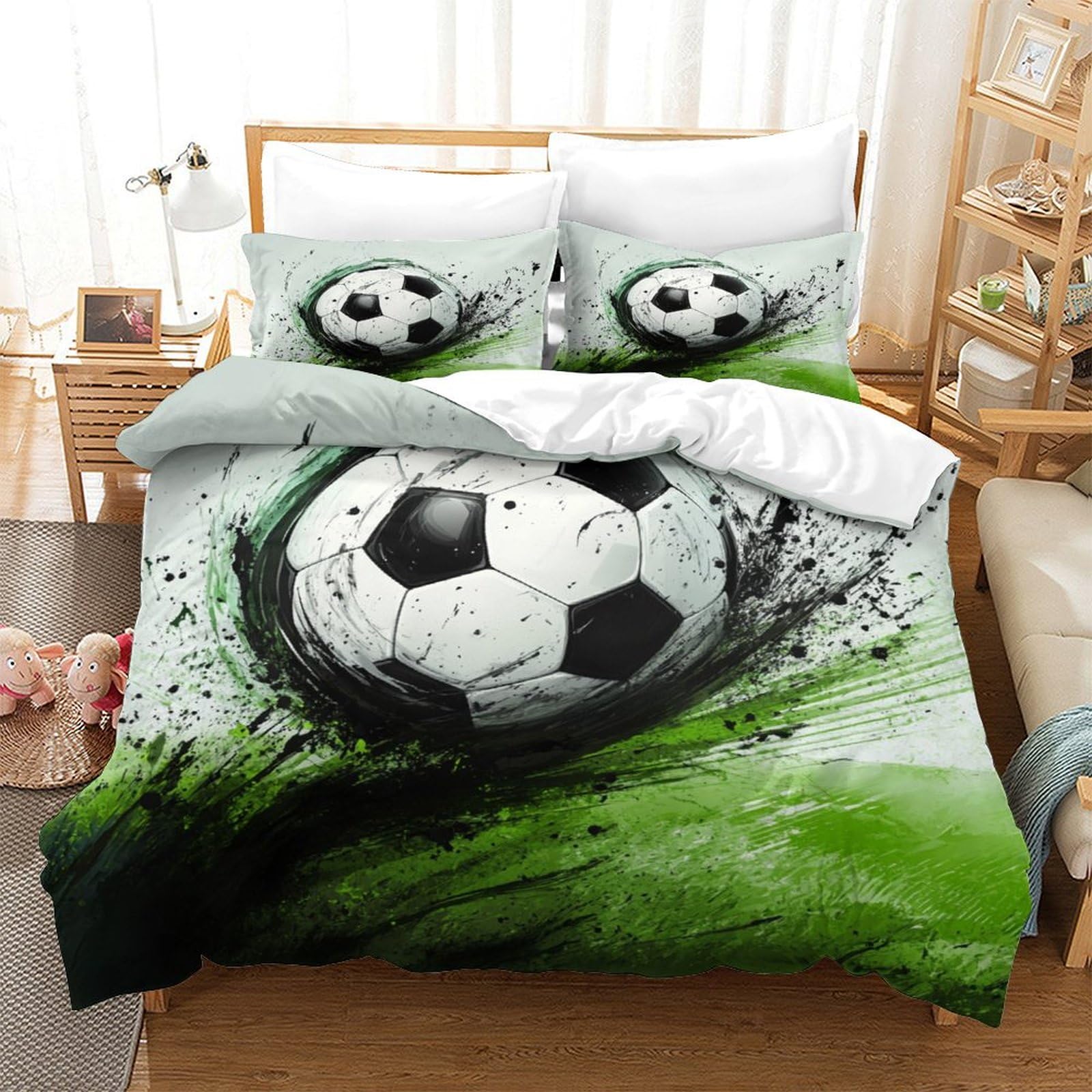 P1S9U7W5Y Dynamic Football 3D Printed Duvet Cover Set 3pcs Microfiber Soccer Bedding Set Double（200x200cm）