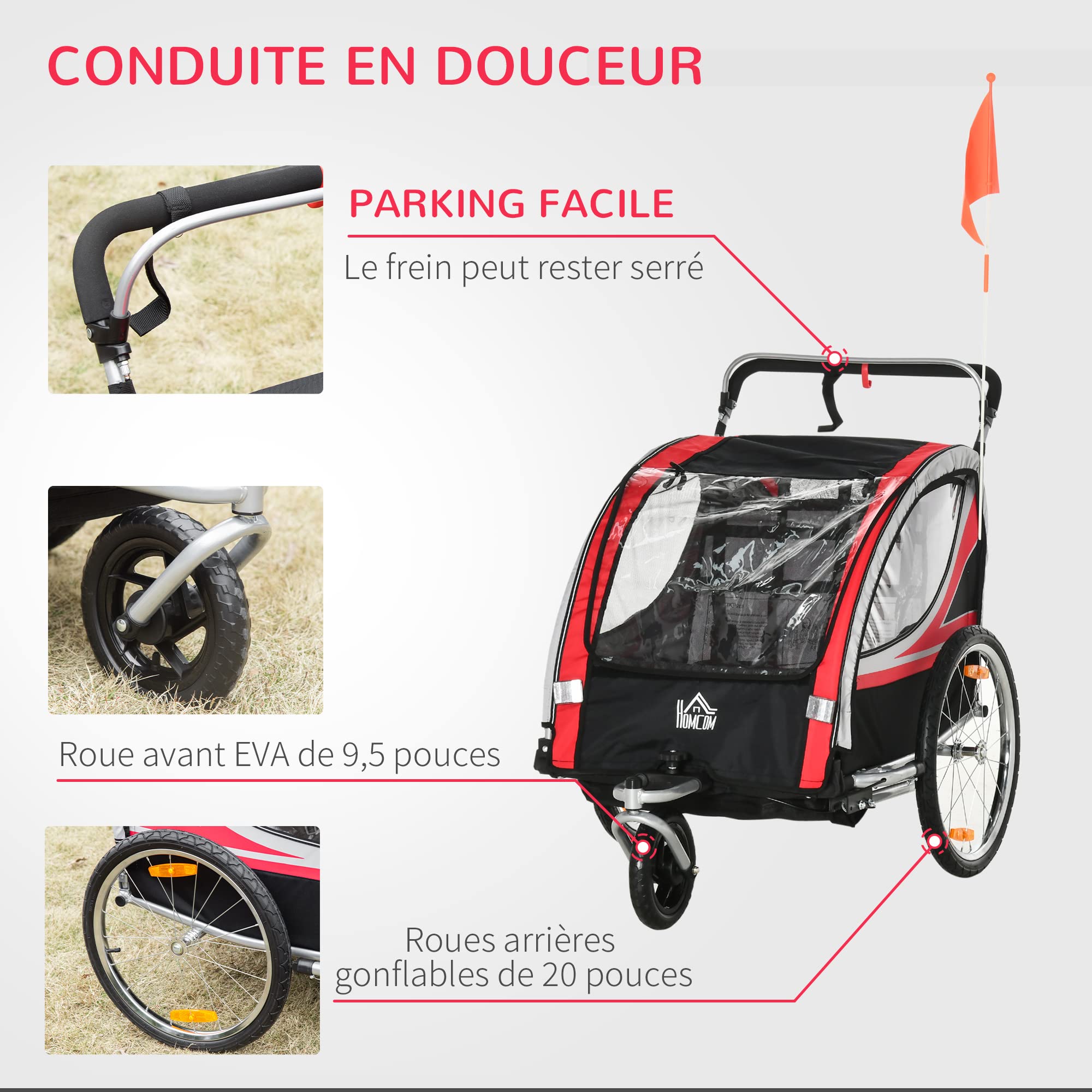 HOMCOM Remorque vélo pour Enfant 2 en 1 Convertible Jogger Poussette capacité 26,4 kg avec réflecteurs et Drapeau - 2 Places