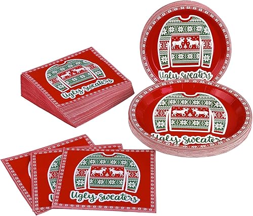 Miniatura 4 de Aneco Juego de vajilla de papel de suéter feo de Navidad, suministros para fiestas, platos de papel desechables y servilletas para otoño, juego de