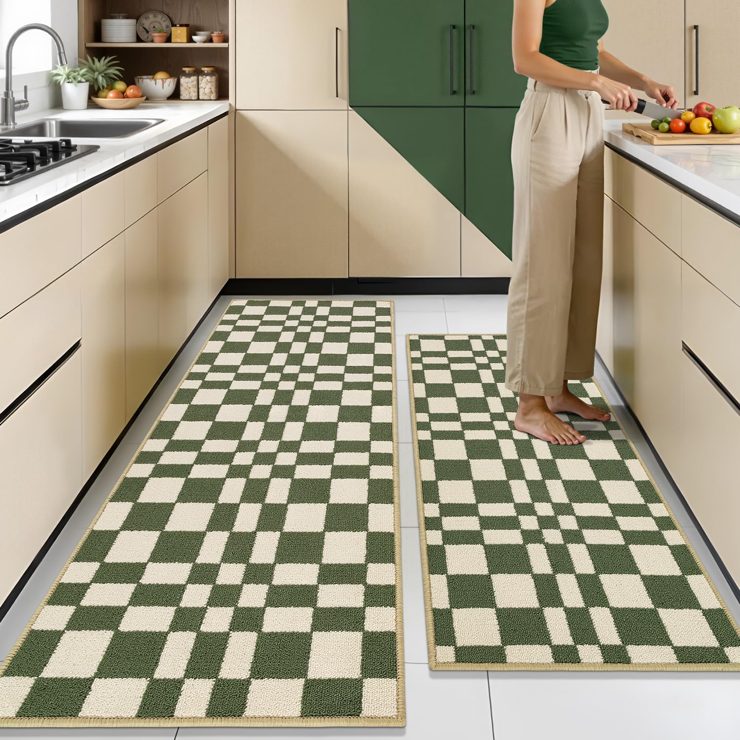 Biscpro checkered Kitchen Rugs,Non Slip Washable Green Kitchen Mats 2pc set