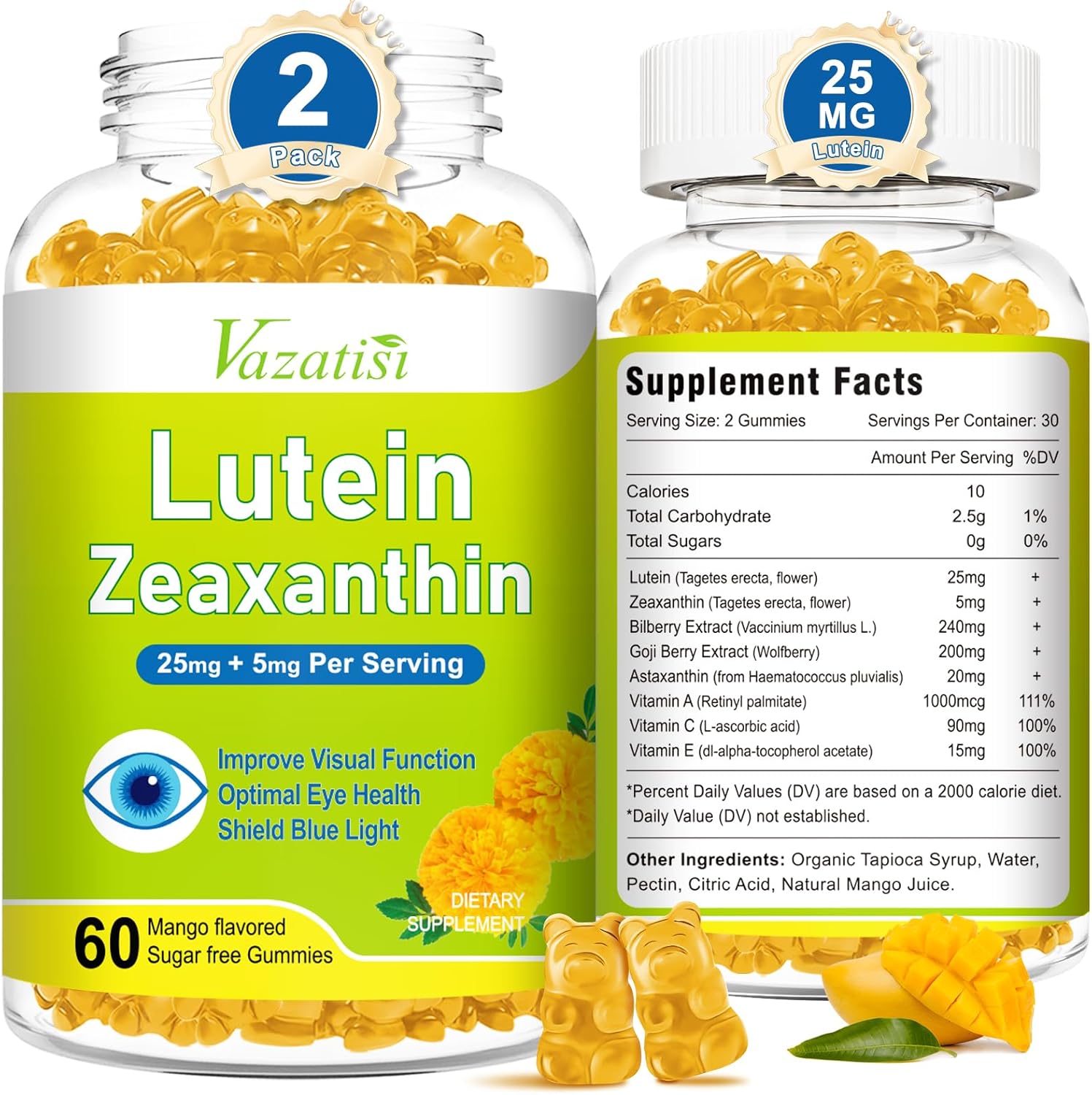 Eye Vitamins Lutein & Zeaxanthin Gummies, Sugar Free Eye Health Supplements with Bilberry, Astaxanthin - Support Blue Light, Visual Function and Macular Health - Mango Flavored, 120 Count