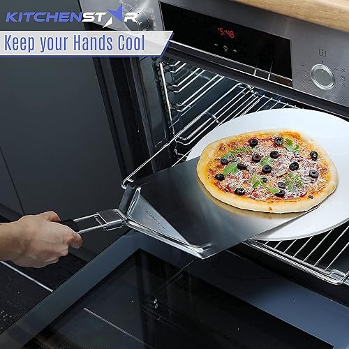 Miniatura 5 de KitchenStar - Cortador de pizza de 14 pulgadas, cuchillo afilado de acero inoxidable, estilo rockero con cubierta de hoja y cáscara de pizza de