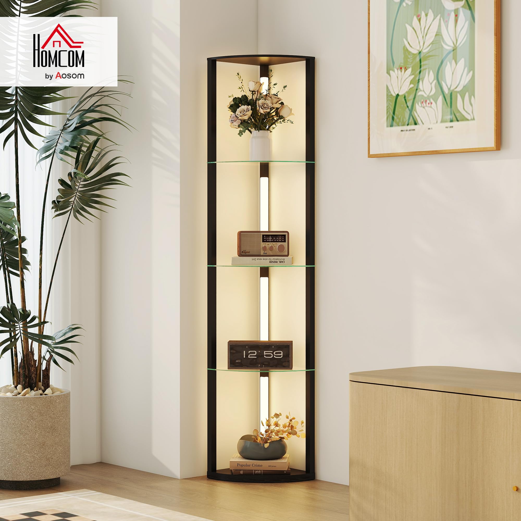 HOMCOM Lampada da Terra con Ripiani in Vetro e Luce LED Nero | Lampada da Pavimento, 3 Livelli di Luminosità, Interruttore a Pedale, per Salotto e Soggiorno